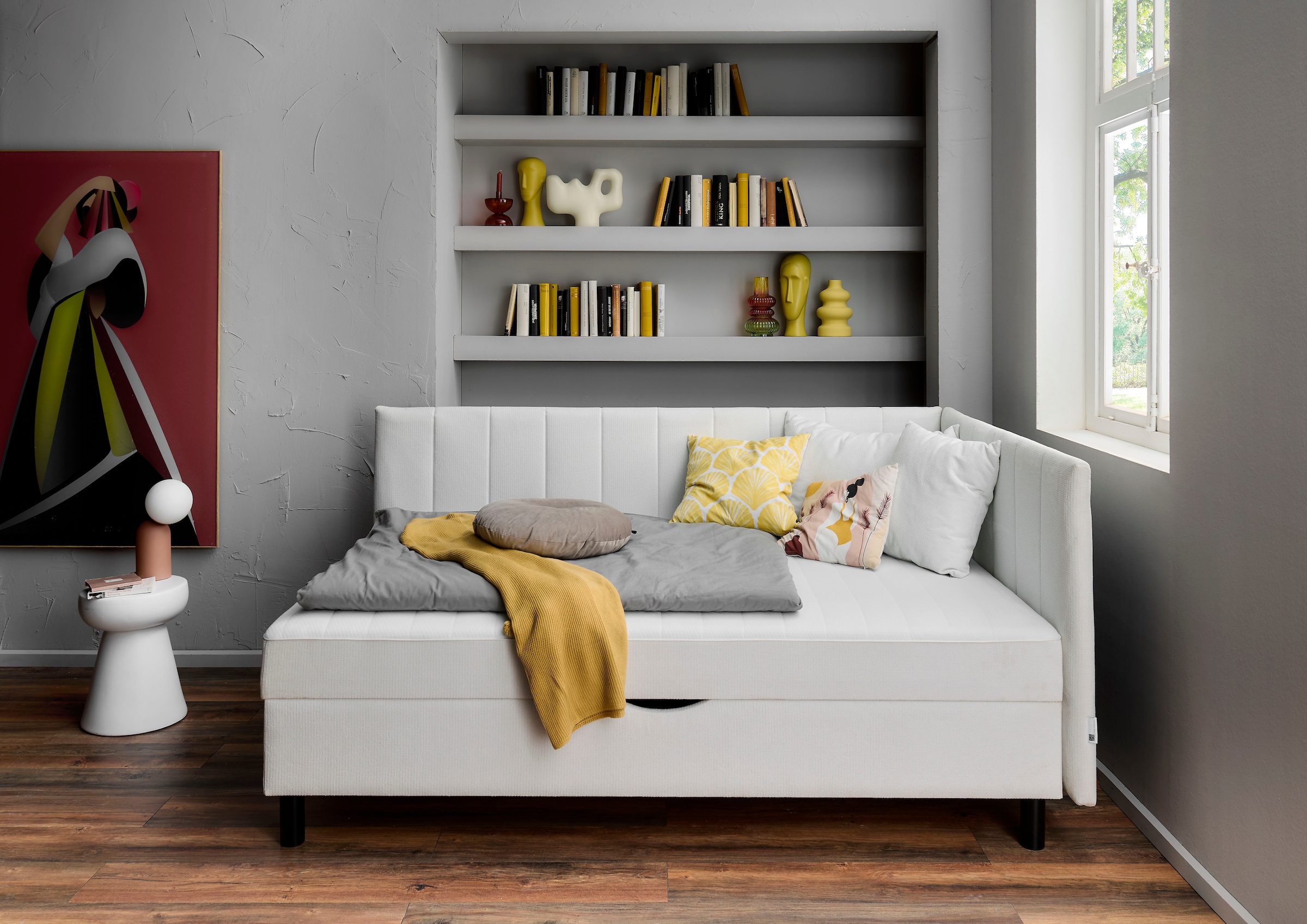 ATLANTIC home collection Lit rembourré »Norina Daybett, Tagesbett, Jugendbett, 90 cm x 200 cm« Taschenfederkernmatratze (H2), inkl. Dekokissen, Ecke universal