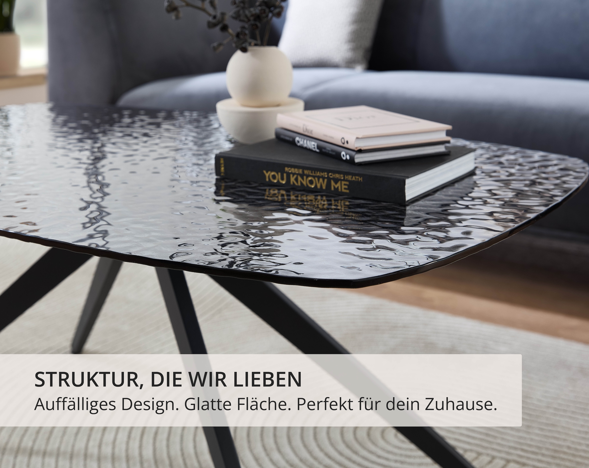 Stolkom Couchtisch »Elias Glastisch schwarz, Wohnzimmertisch BxHxT 110x44x70 cm« Sicherheitsglas Bruchsicher, Glasplatte Wasserwelle schwarz getönt