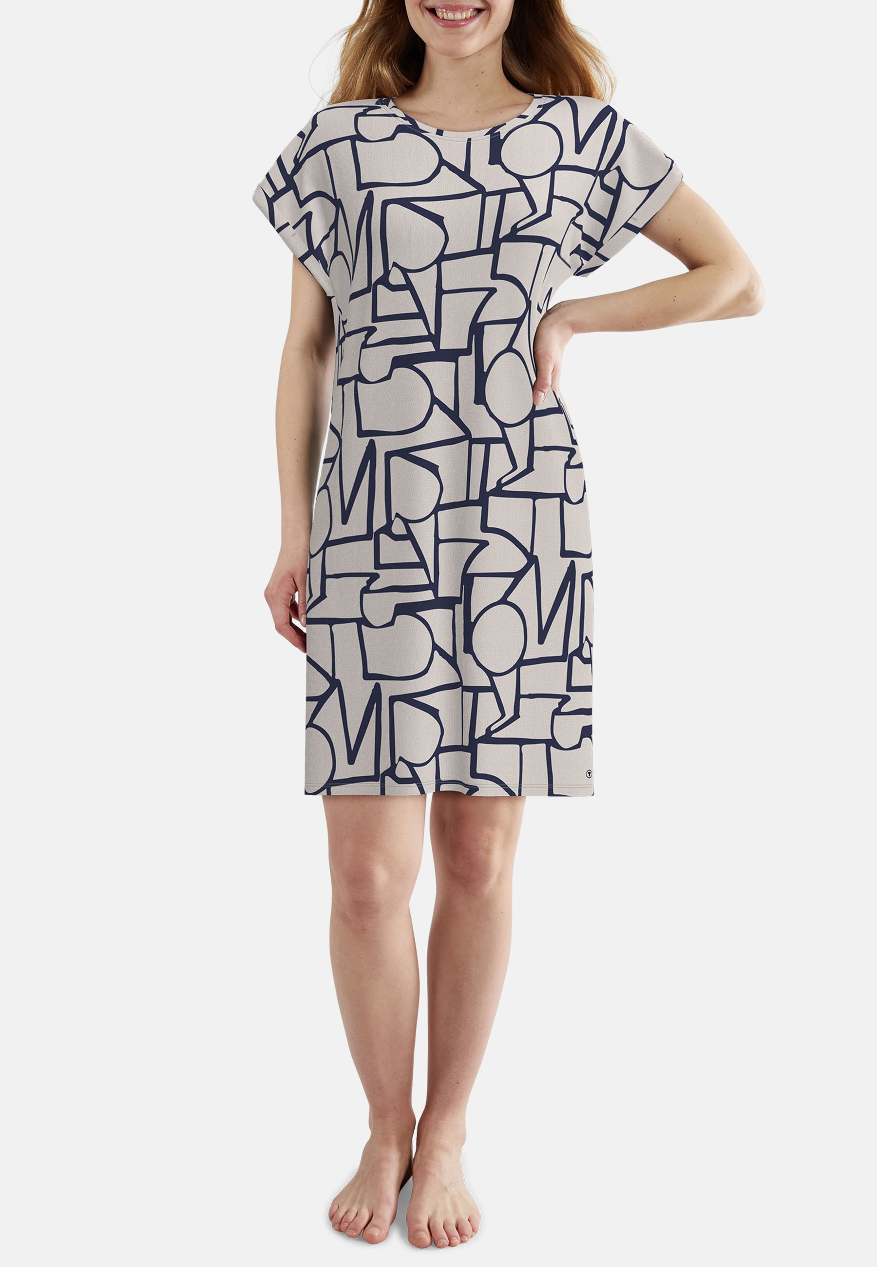 TOM TAILOR Chemise de nuit longueur genou, à motifs, manches courtes, col rond, mélange viscose