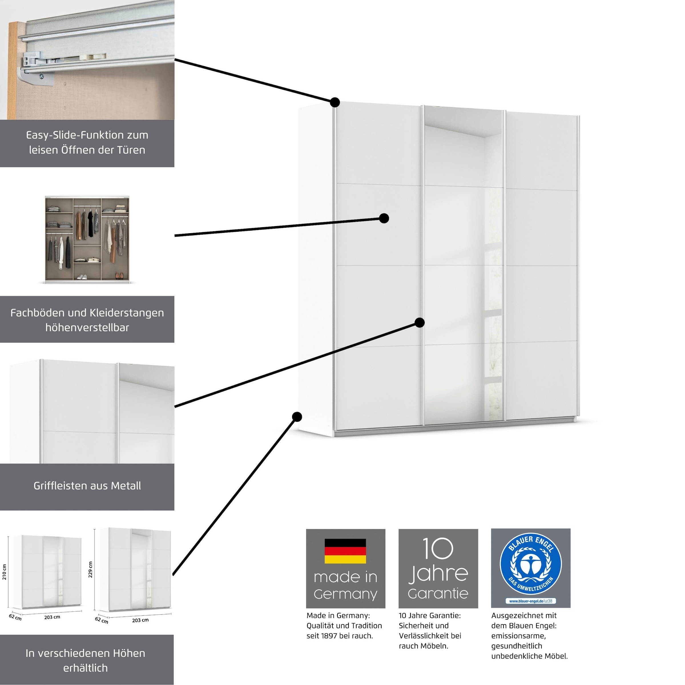 GOODproduct Schwebetürenschrank »Kleiderschrank Schrank Garderobe AGORDO mit Dekor- oder Hochglanzfront« Breiten 203/271/315/360 cm in drei Griff-Farben - NEU: Farbe SCHWARZ,  in 4 Breiten und 2 Höhen MADE IN GERMANY