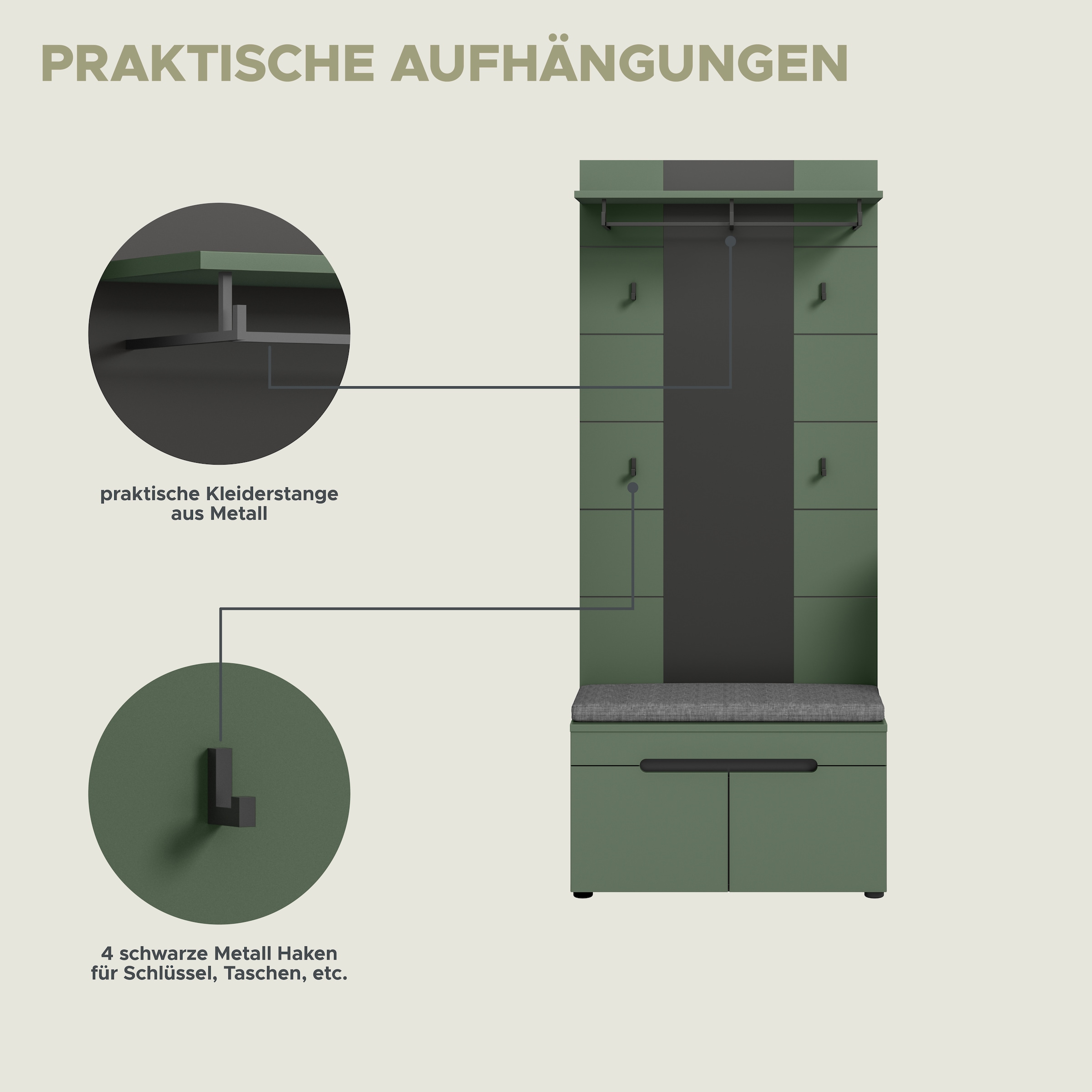 Home affaire Ensemble de vestiaires »REHAT, TOPSELLER!, 3-teilig, Breite 160 cm, individuell erweiterbar« Ensemble, bestehend aus: Garderobenschrank, Sitzbank und Paneel, 3 cuis tlg.