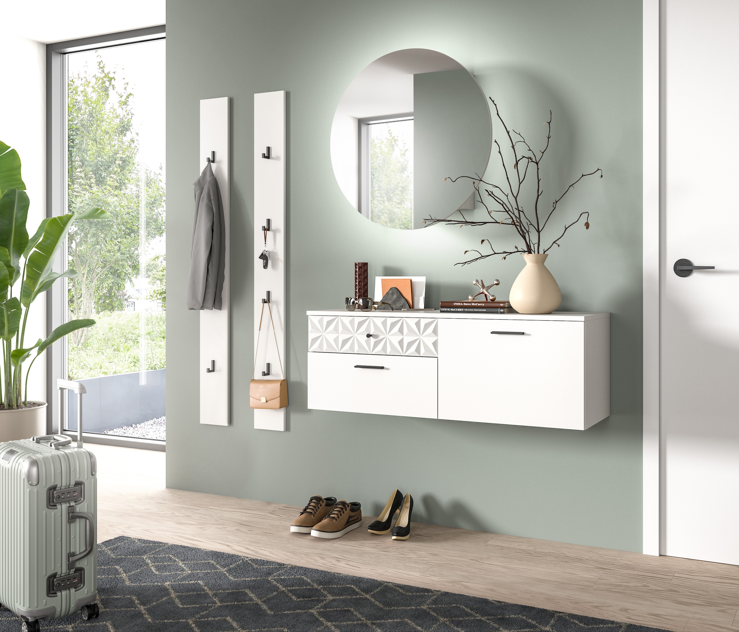 Home affaire Schuhschrank »VICENZA, hängend, 2 Schubkästen, 1 Klappe, 2 Fächer, Ornamentabsetzung« Hängeschrank, Flurschrank, Dielenschrank, Anrichte, Kommode