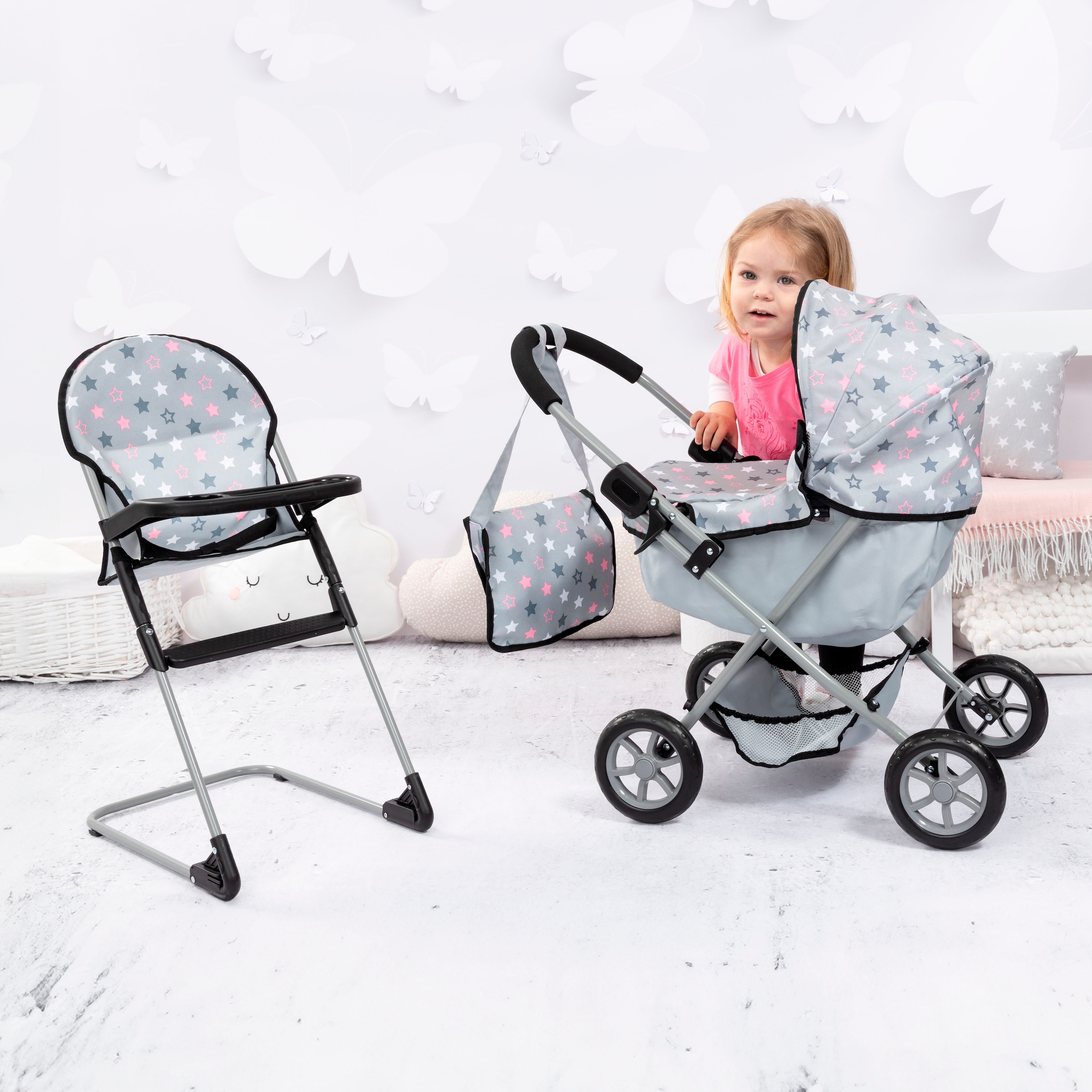 Bayer Puppenwagen »Cosy Set, grau« mit Puppenhochstuhl und Wickeltasche