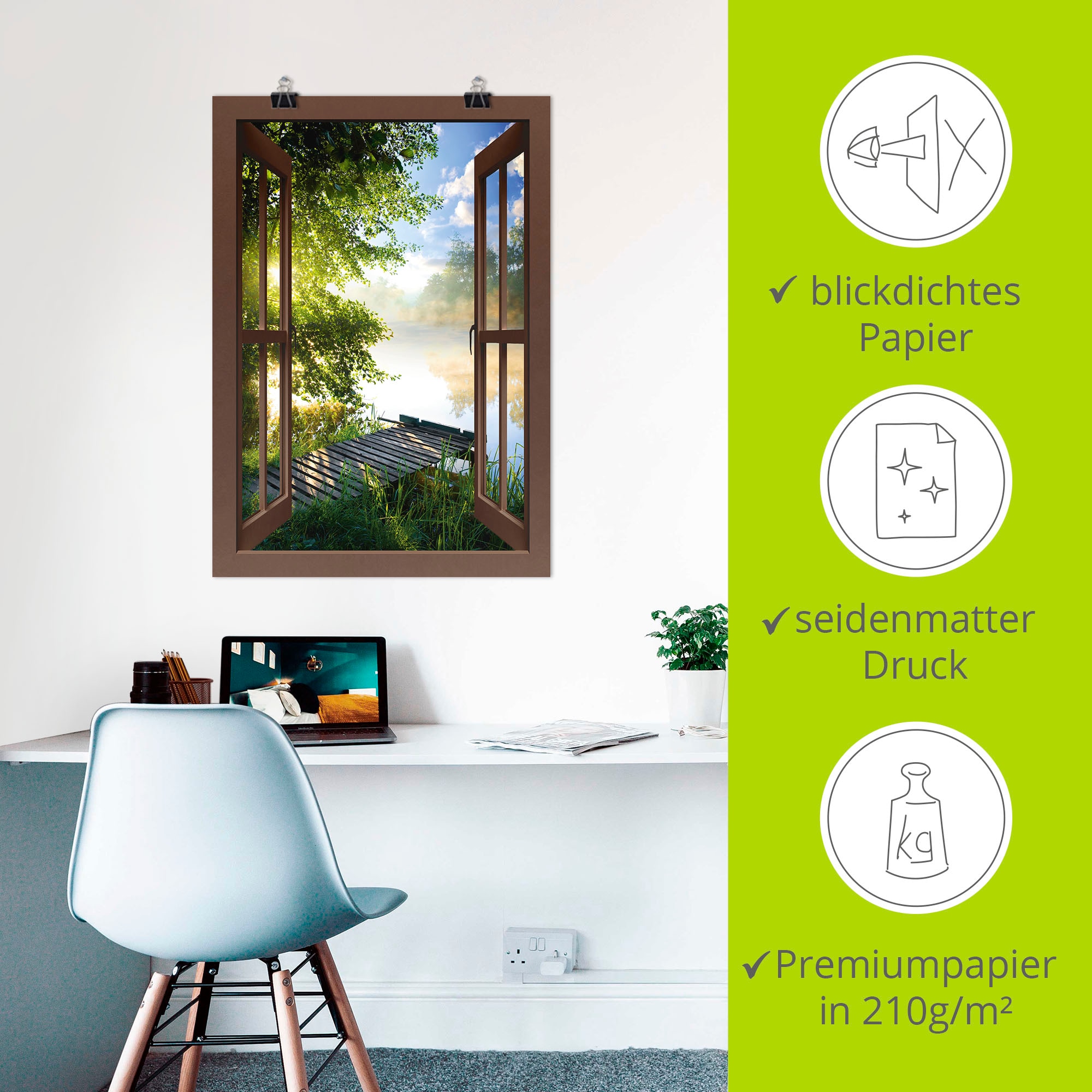 Artland Wandbild »Fensterblick Angelsteg am Fluss« Fensterblick 1 Stk. tlg. als Alubild, Leinwandbild, Poster in verschied. Grössen