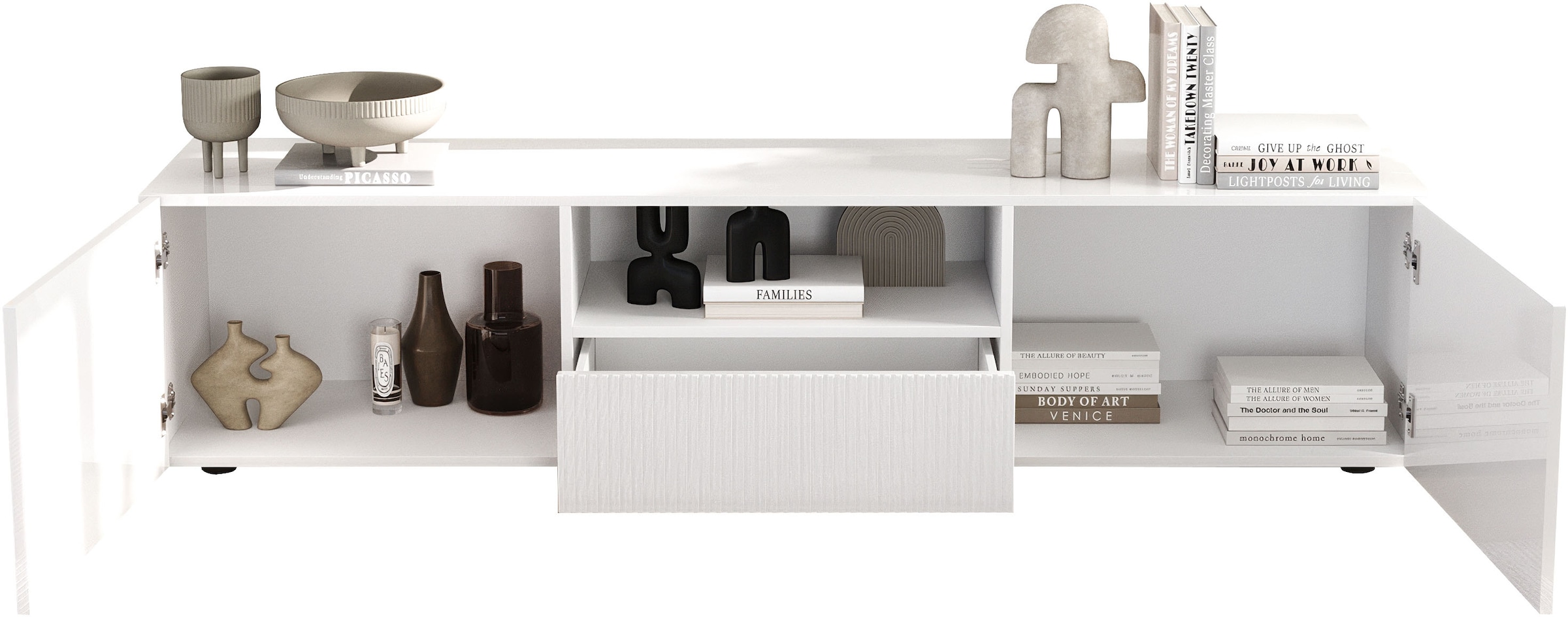 Home affaire Lowboard »Rio Breite 181 cm, TV-Board 2 Türen u. 1 Schubkasten, TV-Schrank« geriffelte MDF-Fronten, modern u. elegant, Kabelführung, viel Stauraum