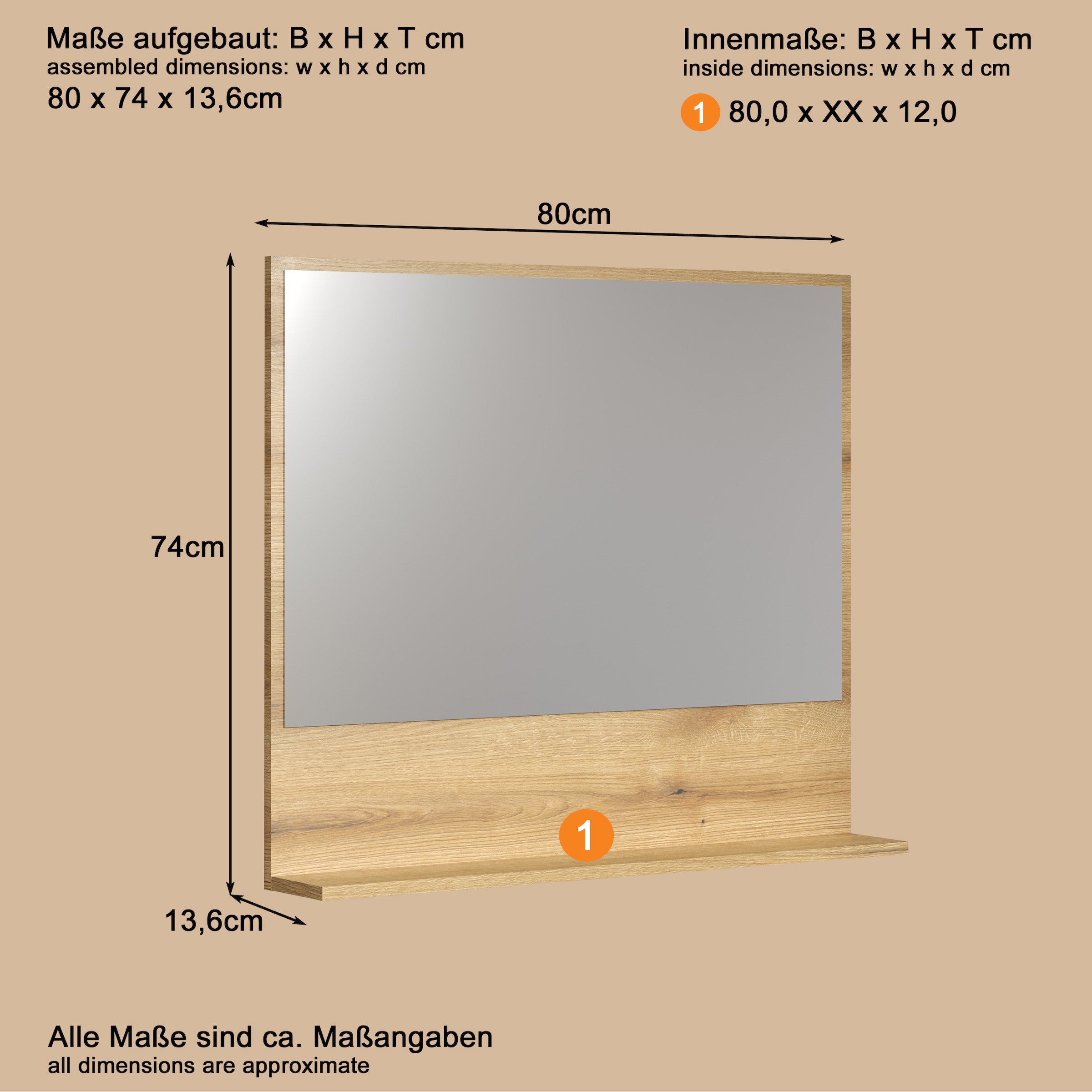 welltime Miroir de salle de bain »Amrum« Wandspiegel mit Ablage - (B/T/H) wahlweise 60 bis 80/14/74 cm