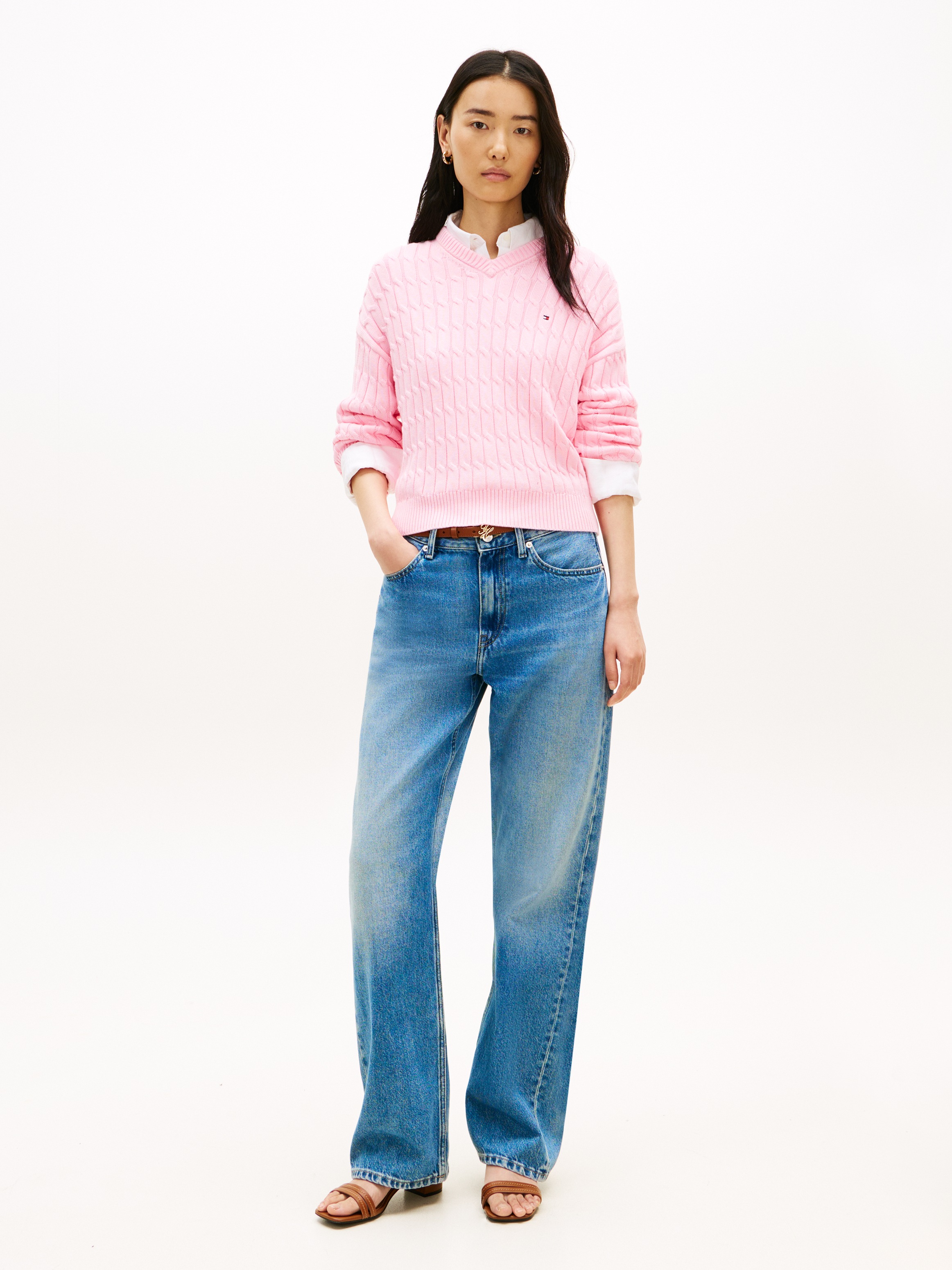 Tommy Hilfiger Strickpullover »CO CABLE MID GG RLX LS V-NK SWT« mit Zopfmuster
