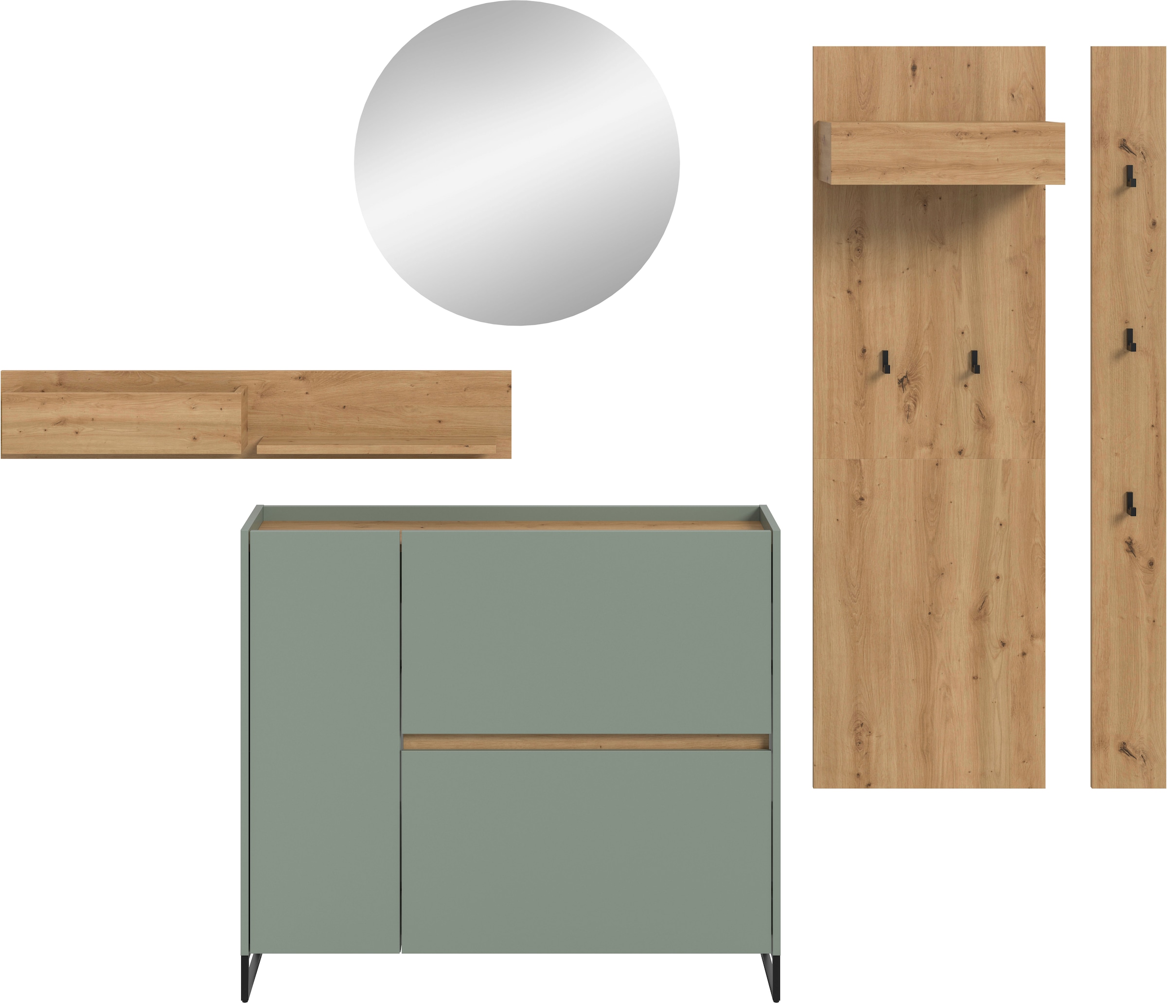 Home affaire Garderoben-Set »EVRID, 5-teilig, Breite 236 cm, individuell stellbar & erweiterbar« best. aus.: Wandboard, Kommode, Spiegel, Garderobenpaneel, Hakenleiste, 5 Stk. tlg.