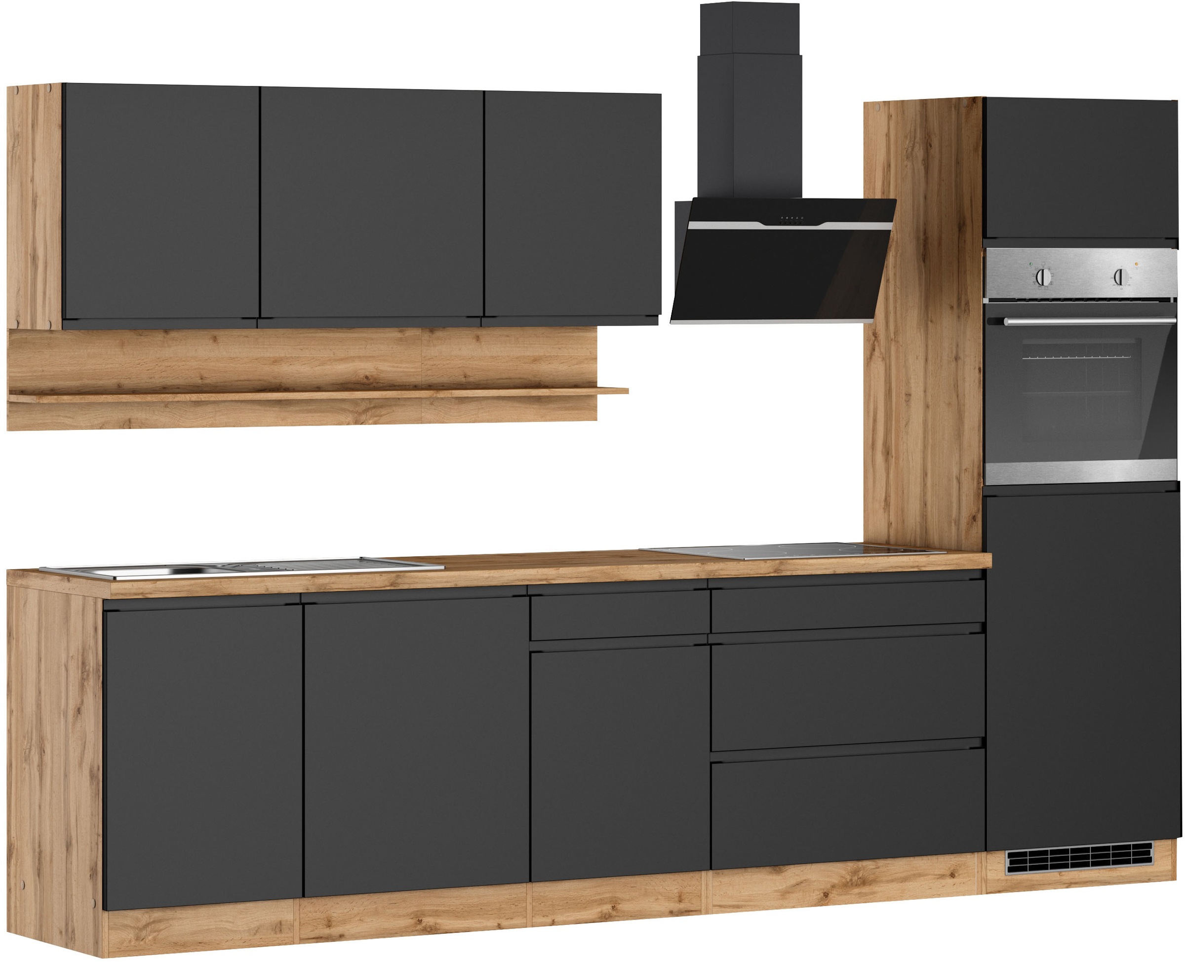 KOCHSTATION Kitchenette »KS-Virginia,neu in verbesserter Ausführung« plan de travail épaisseur 38 mm, rangement, fermeture douce,  largeur 300 cm, fermeture douce, avec appareils électriques en option