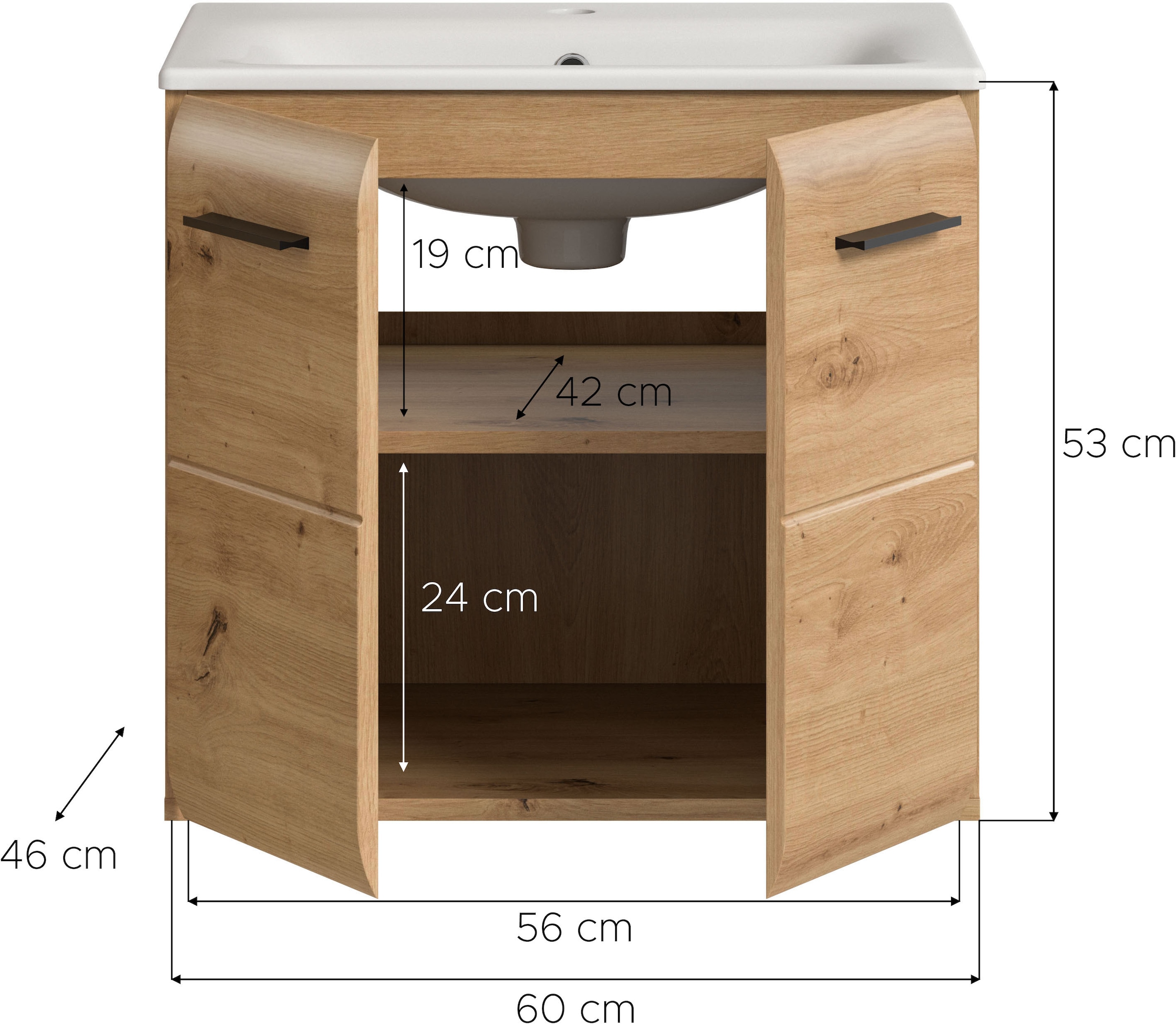welltime Waschbeckenunterschrank 2 Stk. tlg. Florenz, Waschtisch inkl. Waschbecken, Artisan Oak NB, 60 cm breit