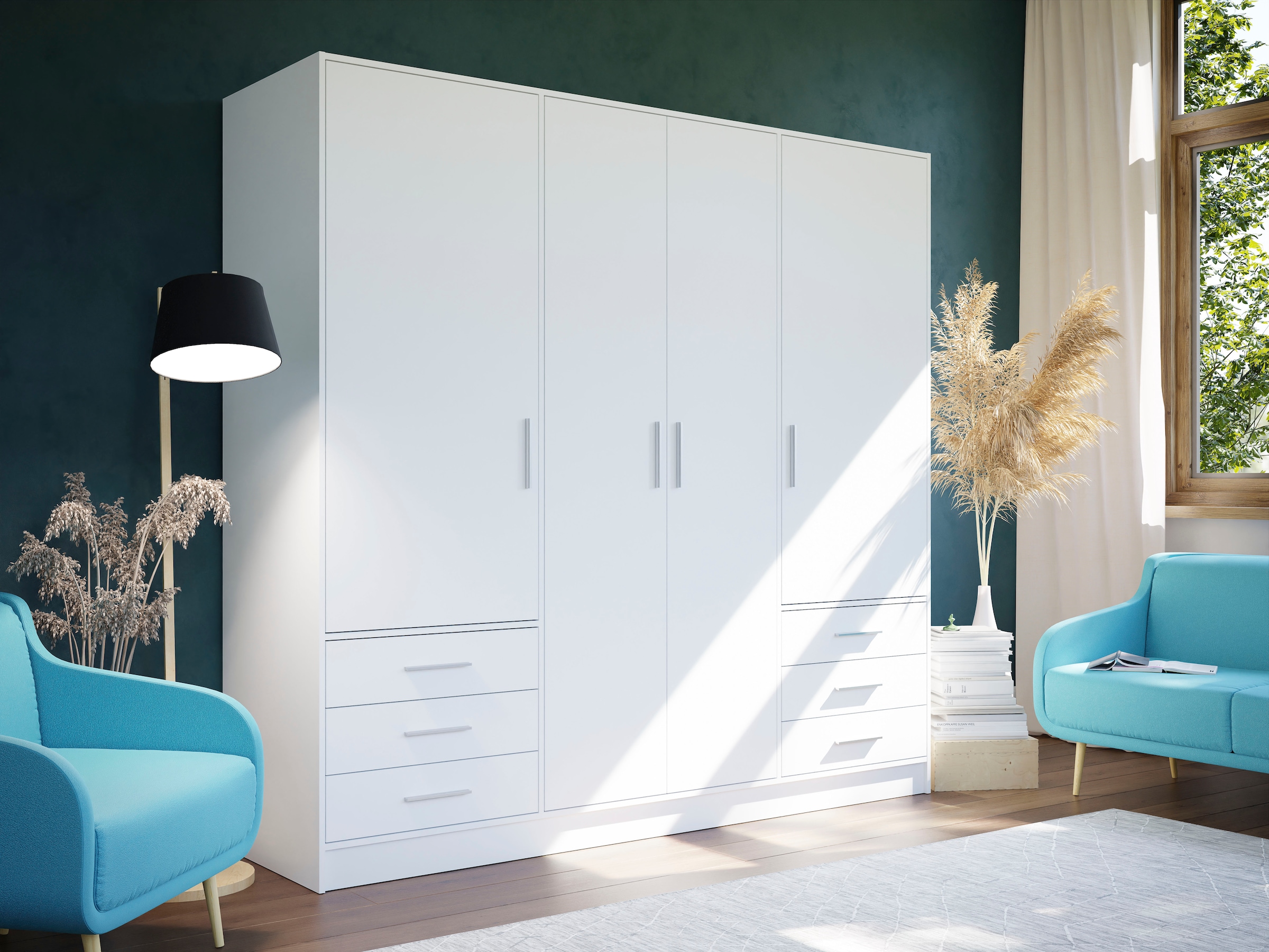 FORTE Armoires à vêtements »Jupiter, Made in Europe, mit  6 Schubladen, Stauraum« Dimensions L/H/P env. 207/200 cm/60,  espace de rangement, 2 largeurs, 4 couleurs, tiroirs, étagères réglables