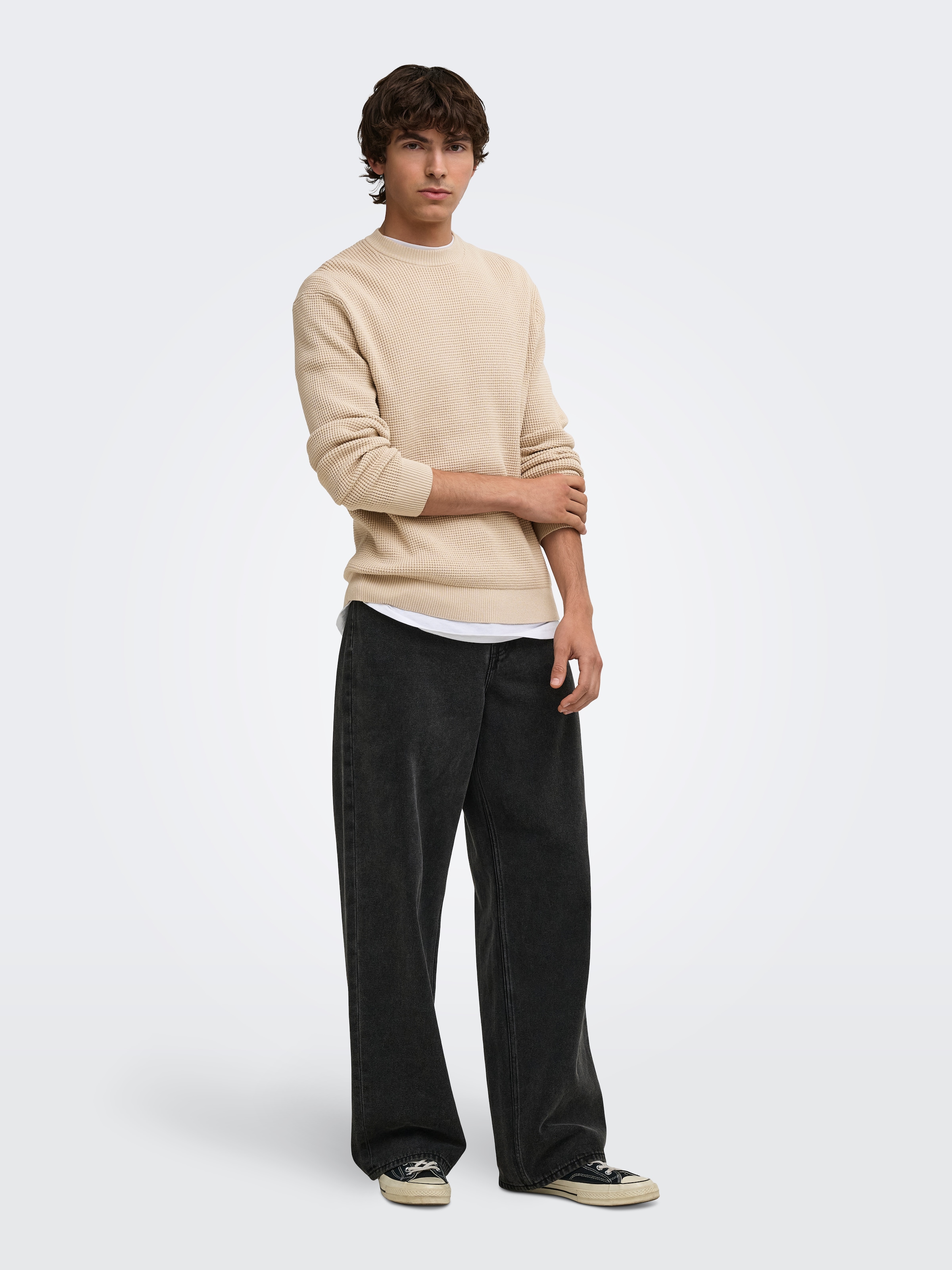 ONLY & SONS Pull à col rond »ONSMARIUS LS WAFFLE CREW REG OTL« mélange coton, coupe régulière