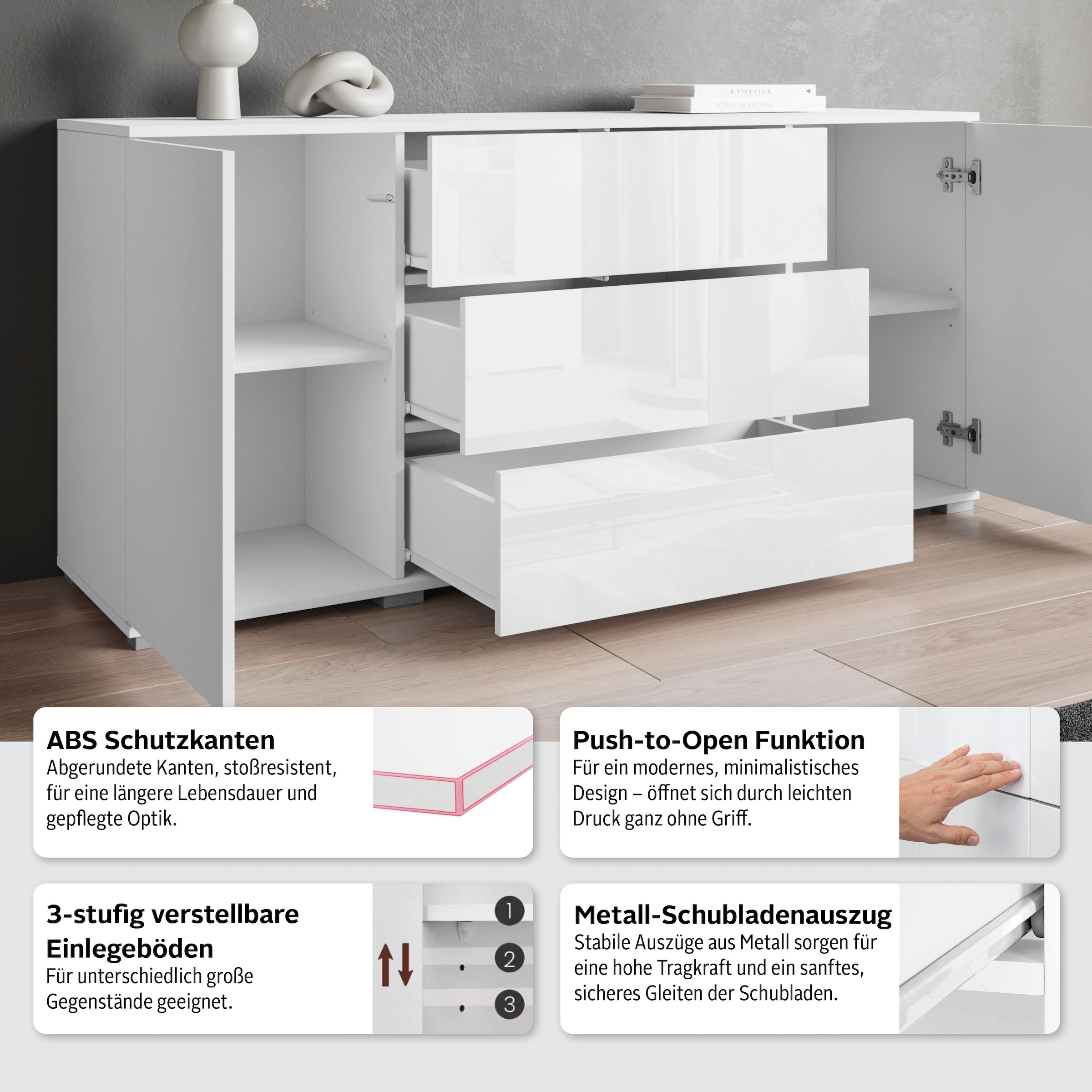 GOODproduct Buffet »Kenia, Kommode für das Schlafzimmer/Wohnzimmer« 1 cuis tlg. Modernes Sideboard mit 3 Schubladen und 4 Fächern,  Breite 150 cm