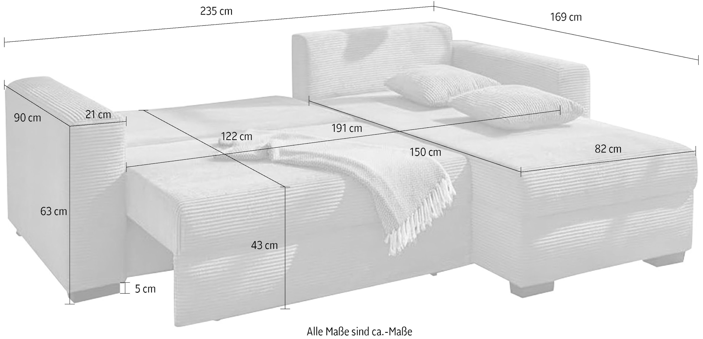 Jockenhöfer Gruppe Ecksofa »Ecksofa Elmau, Grösse Ottomane: L, B:235cm, optional mit Topper« mit Schlaffunktion, Bettkasten & 2 Zierkissen