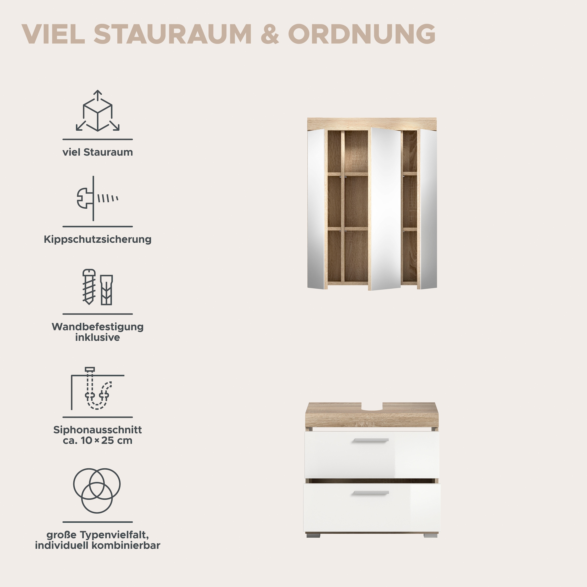 welltime Ensemble de meubles de salle de bain »SIENA, 2 tlg., bestehend aus: Waschbeckenunterschrank, Spiegelschrank« Ensemble, BEST-SELLER !, 2 cuis tlg.