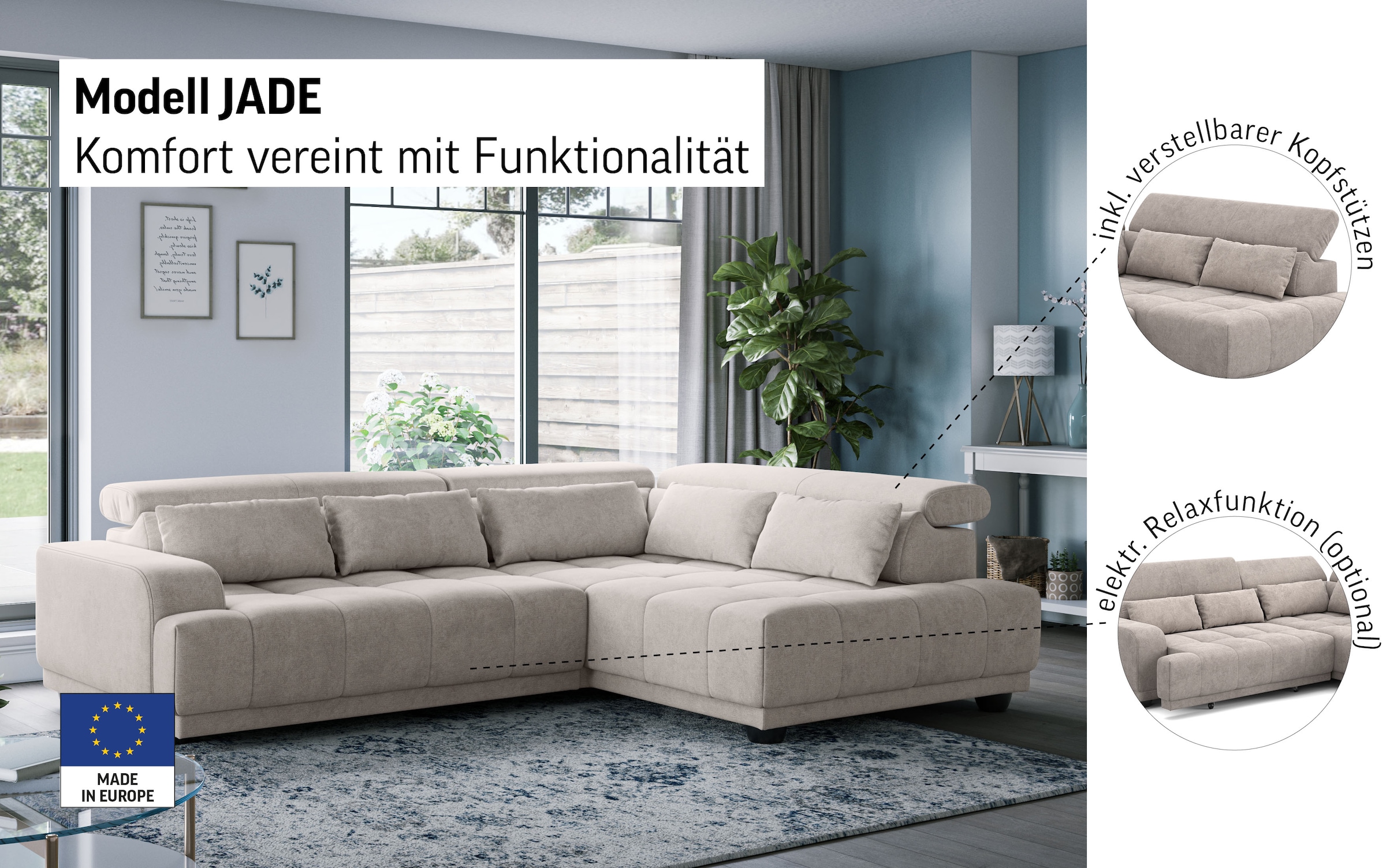 COTTA Canapé d'angle »Jade L Form, Breite: 270 cm, mit Kopfteilverstellung & Nierenkissen« réglage électrique optionnel de la profondeur d’assise