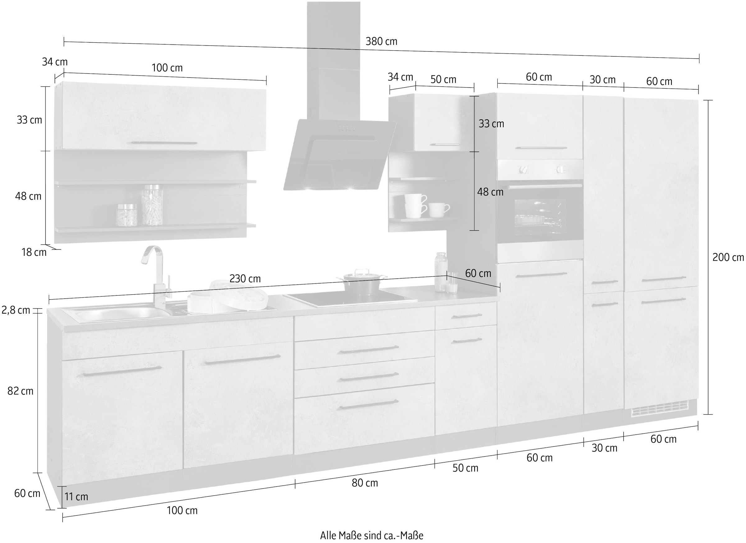 KOCHSTATION Küchenzeile »KS-Tulsa« ohne E-Geräte, Breite 380 cm, schwarze Metallgriffe, MDF Fronten