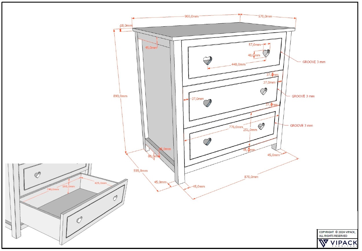 Vipack Commode »Amori mit 3 geräumigen Schubladen, hier haben Sie alles griffbereit« 2 cuis tlg. incl. plan à langer en pin massif, commode en MDF laqué blanc