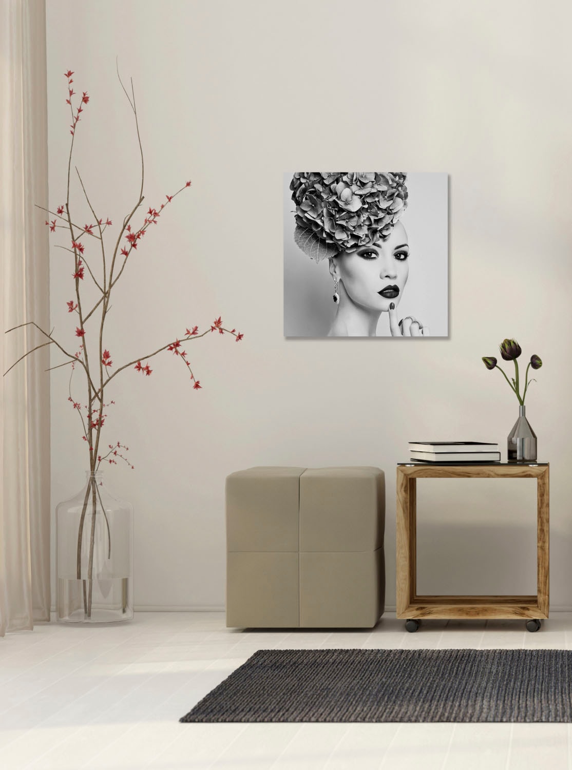queence Acrylglasbild »Frau mit Blumenhut« Bilder von Frauen | Frau | Kunst | Schwarz-Weiss Fine Art-Print in Galeriequalität