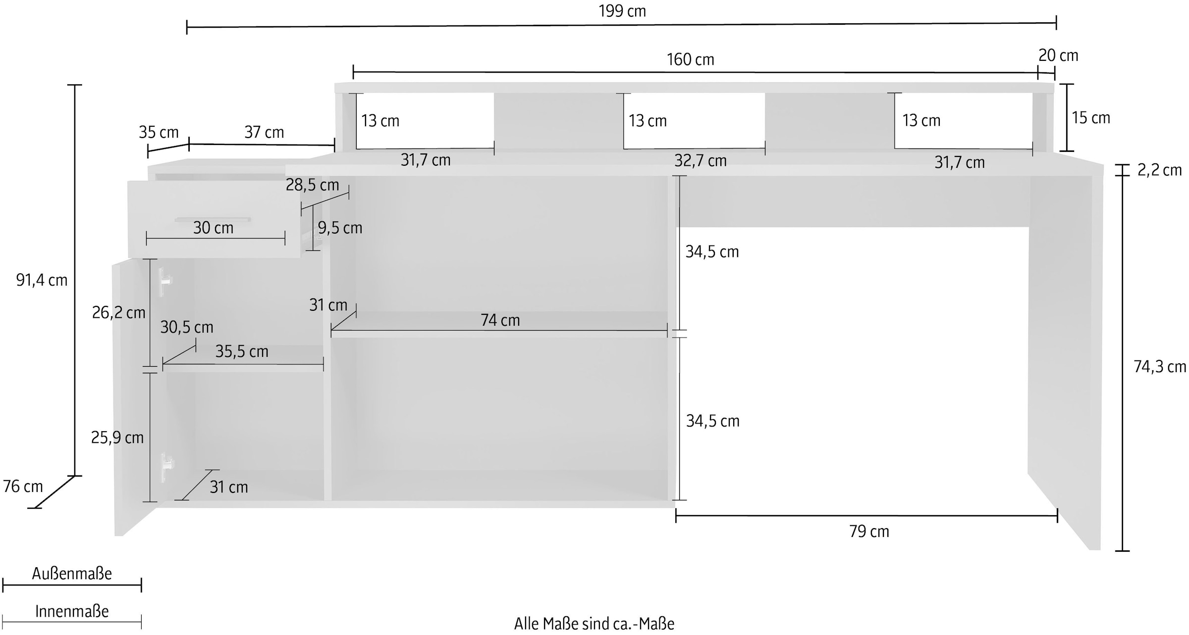 Home affaire Schreibtisch »Chester« 2 Stk. tlg. Gamingtisch mit Lowboard - Arbeitstisch Masse (B/T/H) 160/115/92 cm
