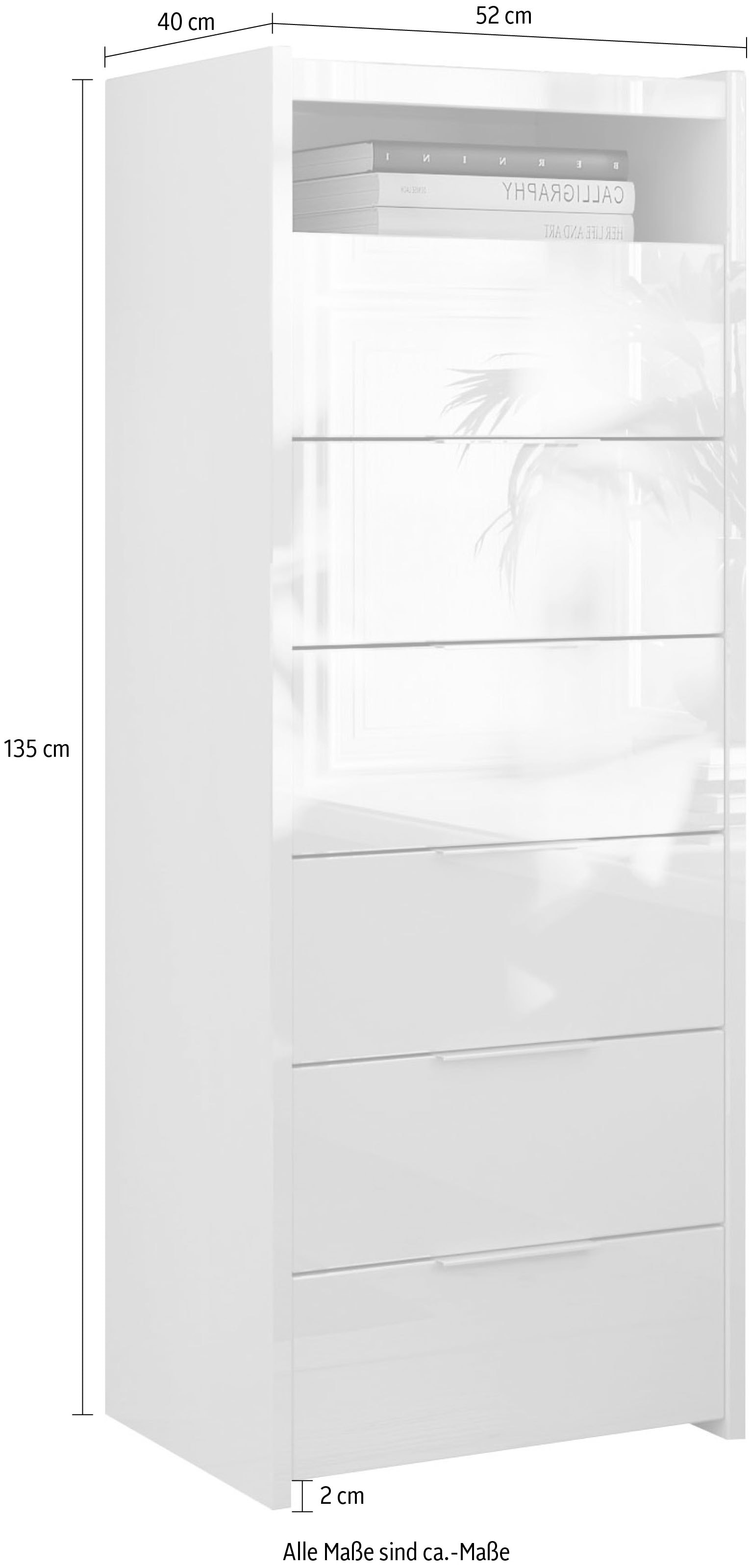 INOSIGN Commode »Malmo, Schubkastenkommode B/T/H 52/40/135 cm, mit 6 Schubkästen,« offene Ablage, Top 22 mm stark, Metallgriff, Weiss Hochglanz Lack