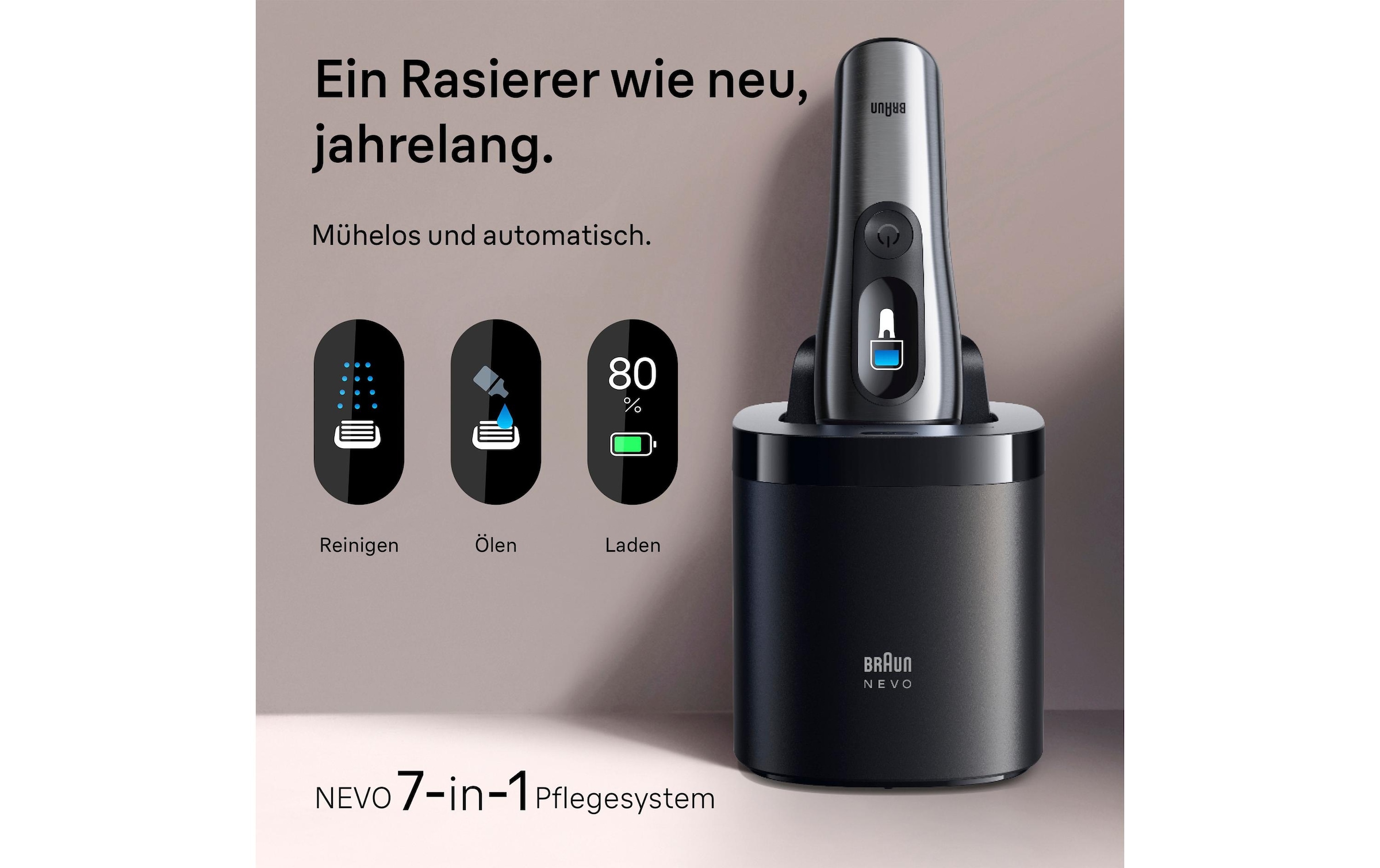 Braun »NEVO 11000cc« station de nettoyage SmartClean Plus Tondeuse de précision intégrée AeroTouch, écran intelligent, système de soin 7-en-1, étui de voyage, argent