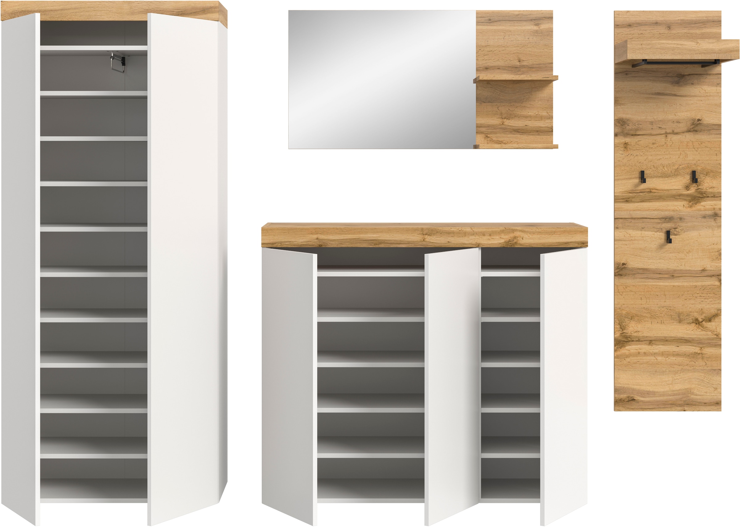 GOODproduct Garderoben-Set »MAMBO, 4-teilige Kombination, stehend & hängend montierbar« bestehend aus: Garderobenschrank, Kommode, Spiegel, Garderobenpaneel, 4 Stk. tlg.