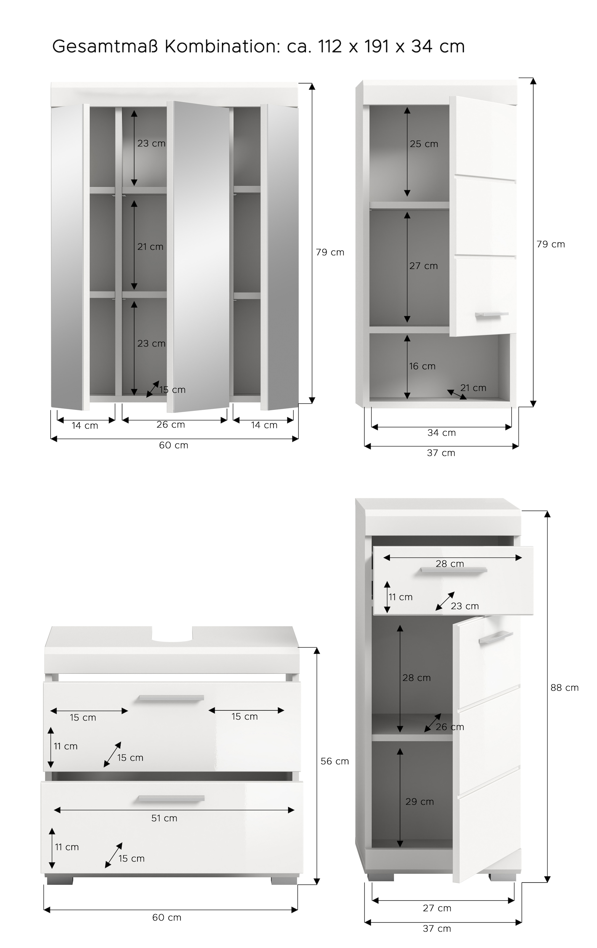 welltime Badmöbel-Set »Siena, 4 teilig, bestehend aus:« Set, TOPSELLER!, 4 Stk. tlg.