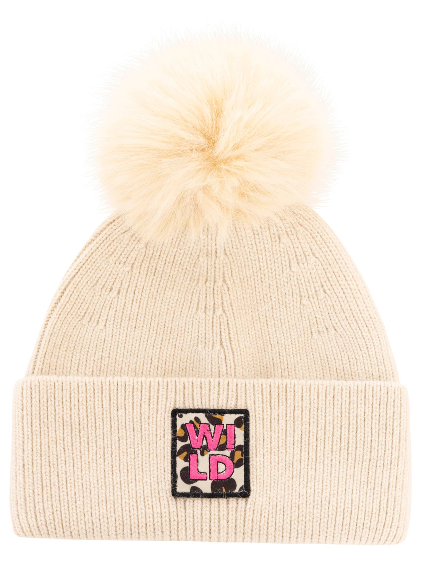 Zwillingsherz Bonnet tricoté »Wollmix "Wild Leo"« flauschiger Bommel, Leo-Patch, wärmend, breiter Umschlag