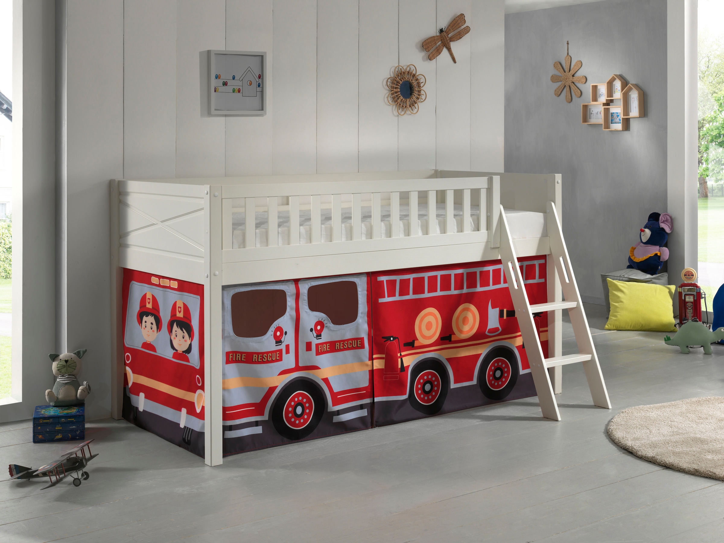 Vipack Hochbett »Scott« Made in Europe,  mit schräger Leiter, LF 90x200 cm, Vorhang, Tunnel, 7 Designs