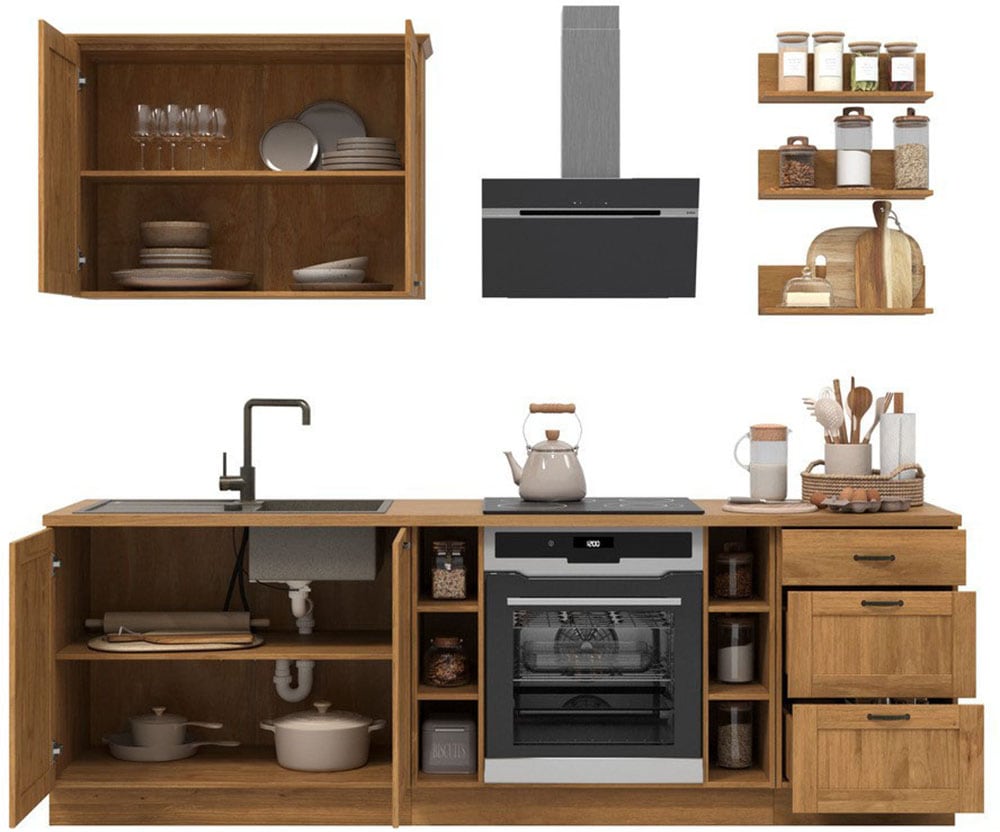 Home affaire Kitchenette »Teramo« Set, Kombinierbar mit anderen Möbelstücken der Serie Teramo,  Breite 250 cm, Kiefer massiv, mit Arbeitsplatte