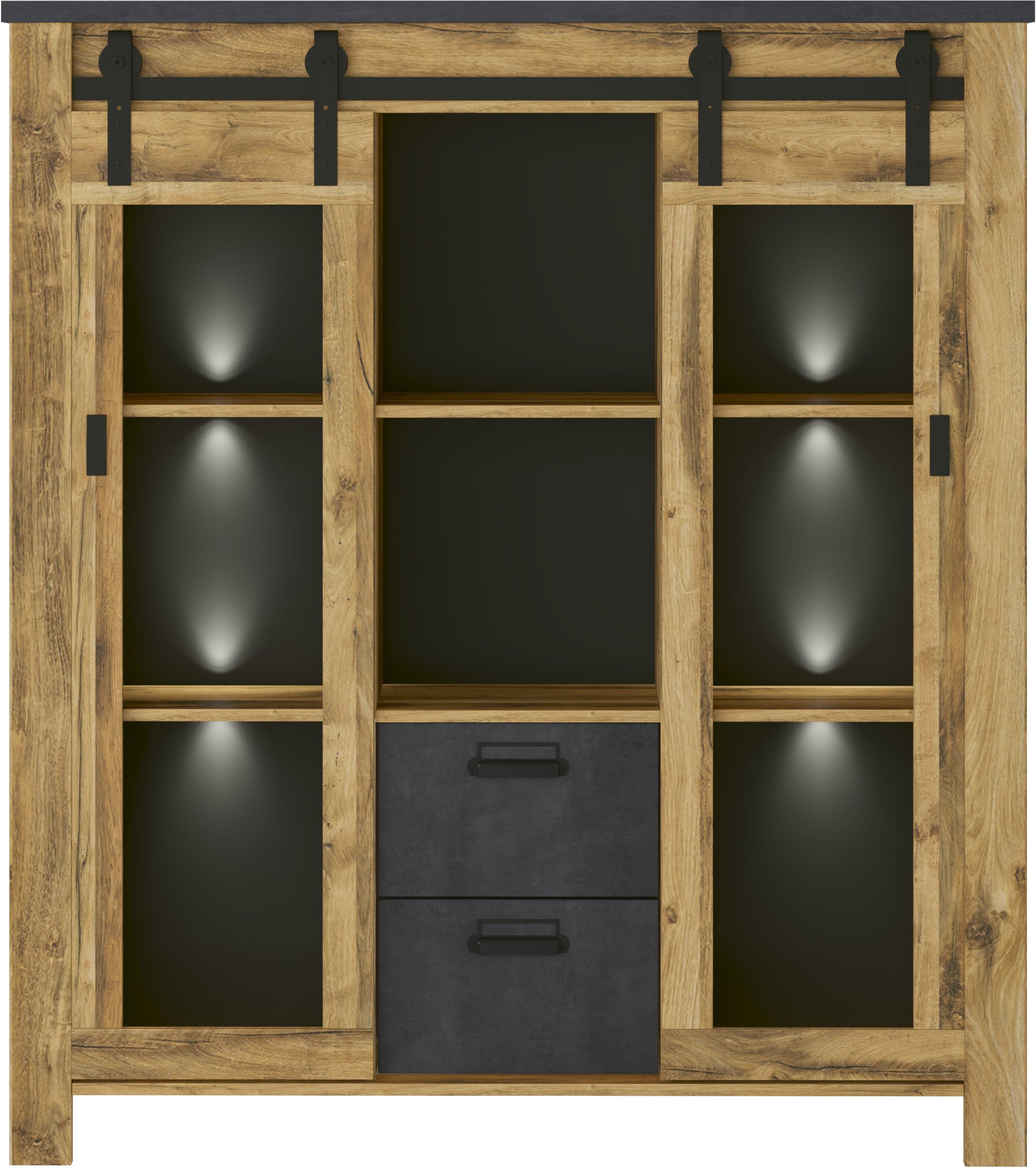 Home affaire Highboard »York, moderner Hochschrank, Vitrine in Hunton Oak, Industrialdesign« mit Scheunentorbeschlägen & Apothekergriffen aus Metall, 150 cm hoch