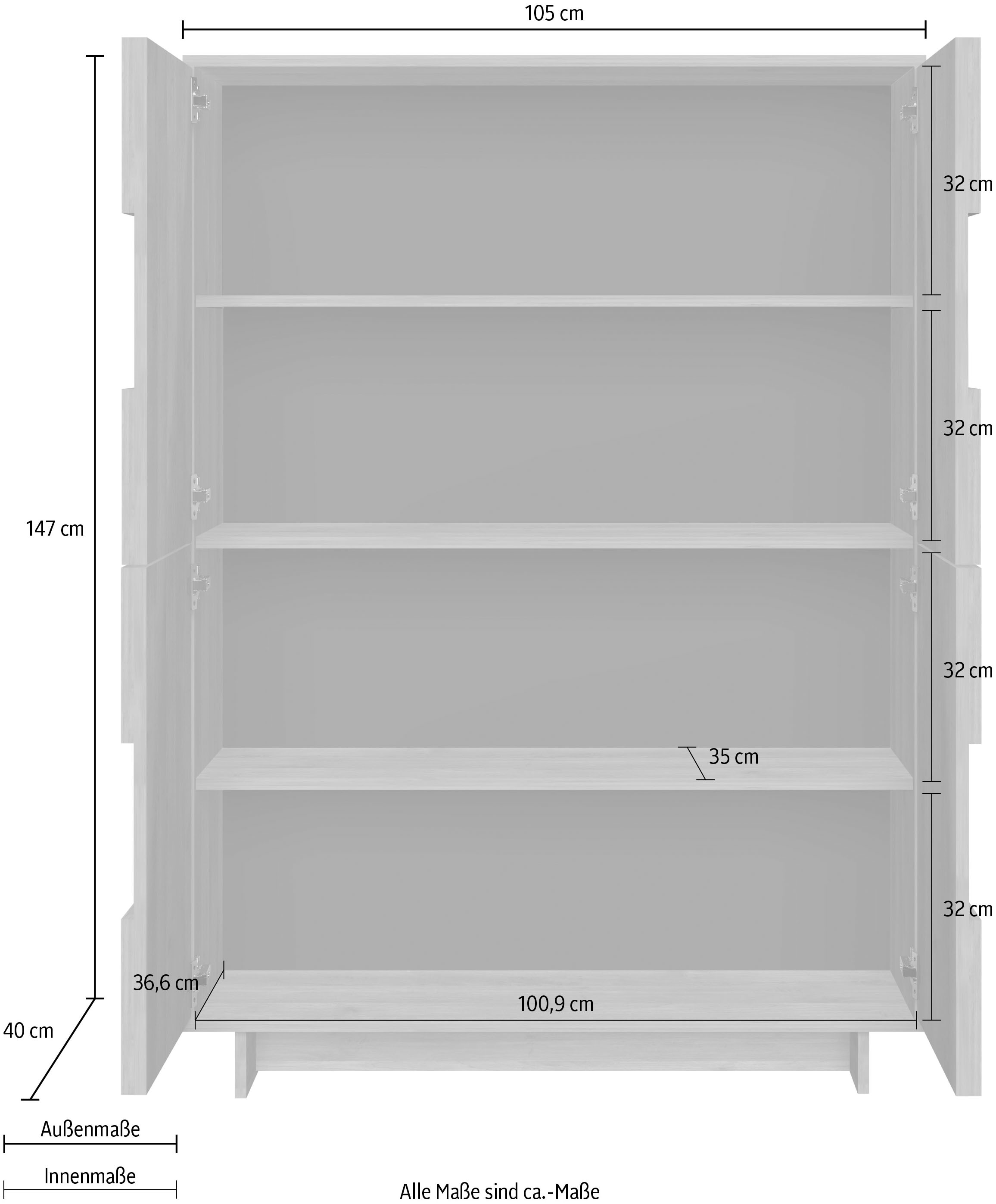 Home affaire Buffet haut »Zen, B/H 105/147 cm, 4 Türen, Hochkommode, Stauraumschrank« ouverture par pression, façades 3D, structure bois Mercure, beaucoup de rangement,