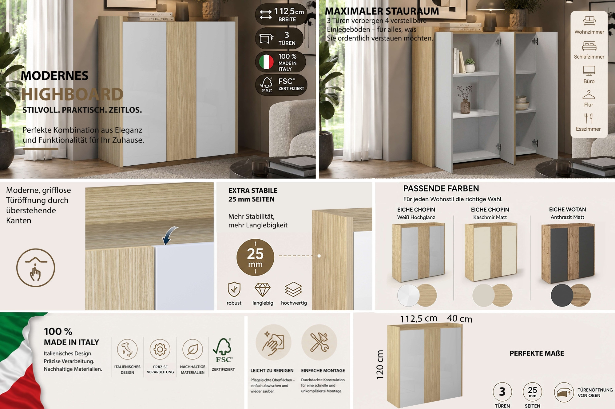 GOODproduct Buffet haut »Highboard ALTEA, Kommode, Schrank, Kredenz« 1 cuis tlg. avec 3 portes battantes, 6 compartiments intérieurs, L.112,5 cm