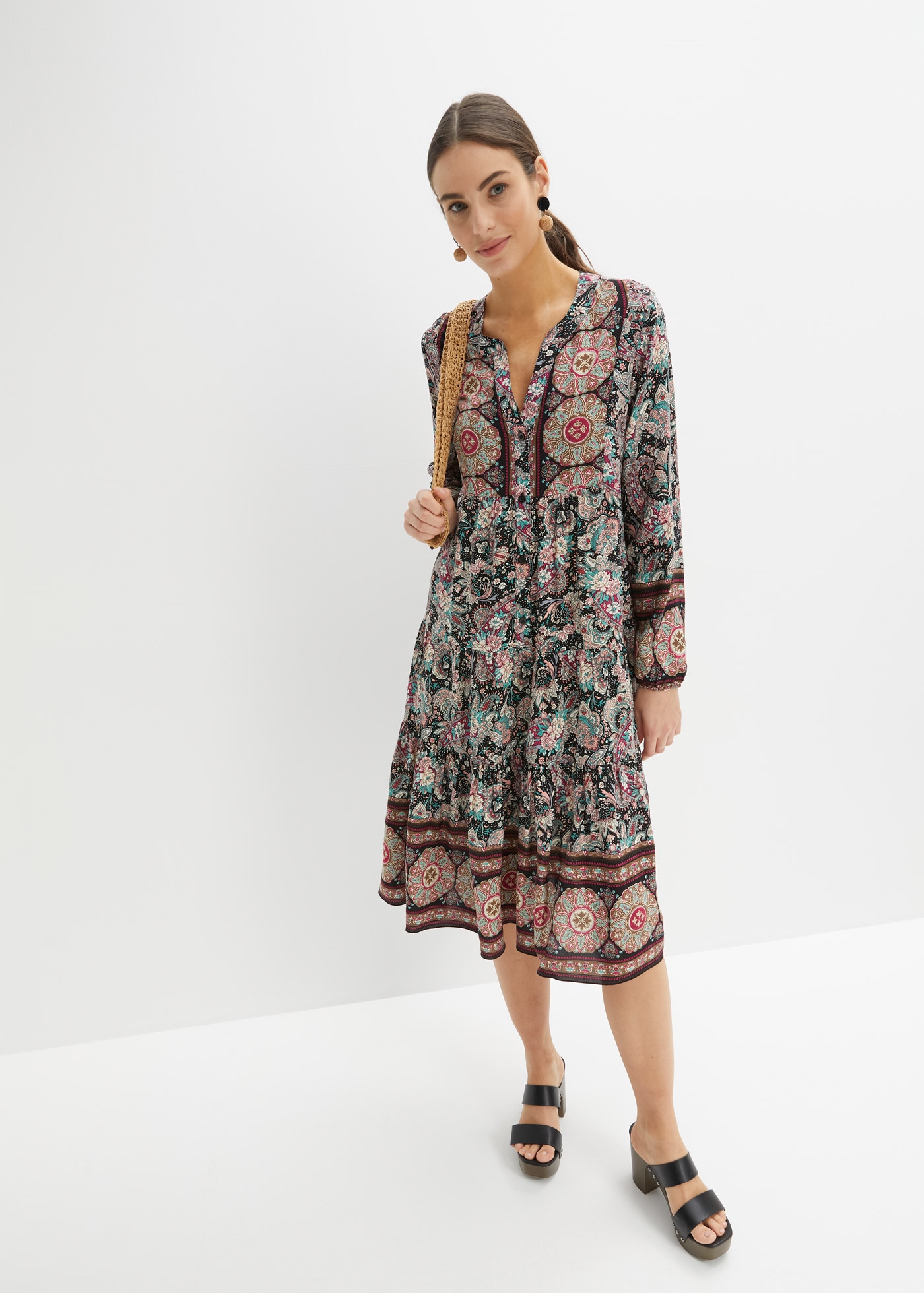 bonprix Robe tunique für Festivals, aus Viskose, A-Linien-Passform, mit langem Arm