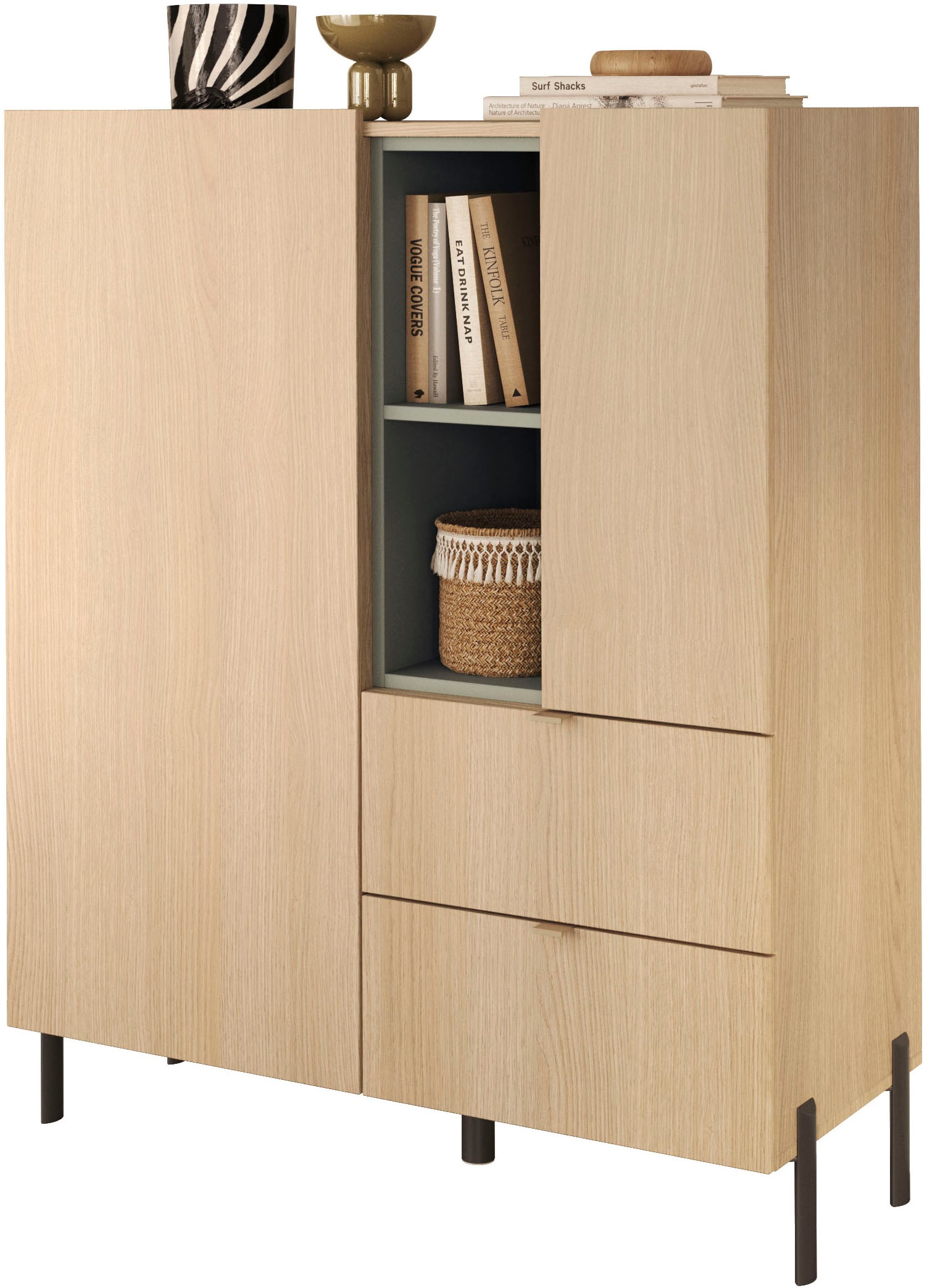 GOODproduct Buffet haut »Badia, B/H 101/124 cm, 2 Türen, 2 Schubkästen, Stauraumschrank« Top intégré, pieds métalliques droits, accents de couleur sauge