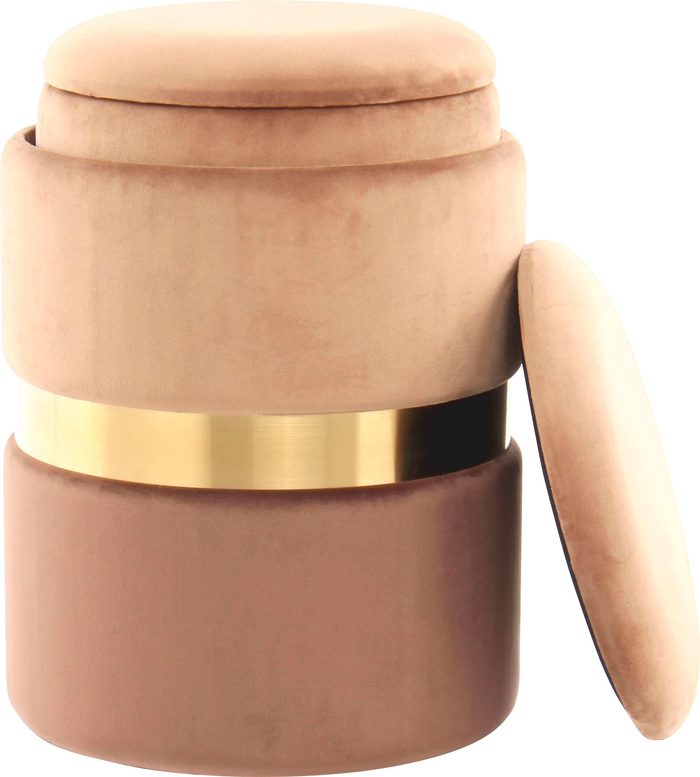 Kayoom Stauraumhocker »Hocker Zora 125 2er-Set, samtweicher Stoffbezug,runde elegante Form« Set, 2 Stk. tlg. edles Design mit Metallring, gepolstert, mit Stauraum