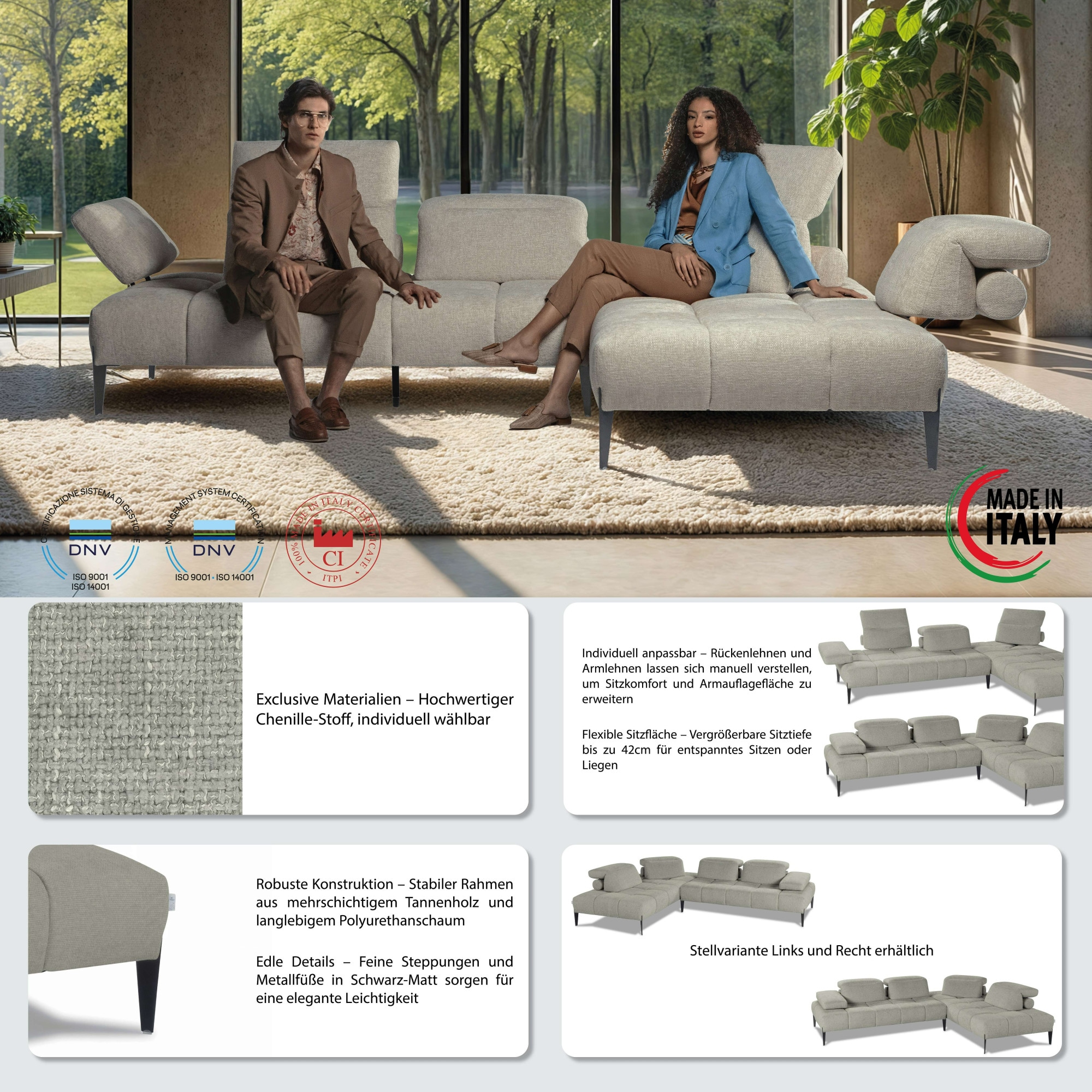 CALIA ITALIA Ecksofa »Skyline, Made in Italy, Design-Sofa, L-Form, mit Sitztiefenverstellung« verstellbare Armlehne und Kopfstütze für maximalen Komfort