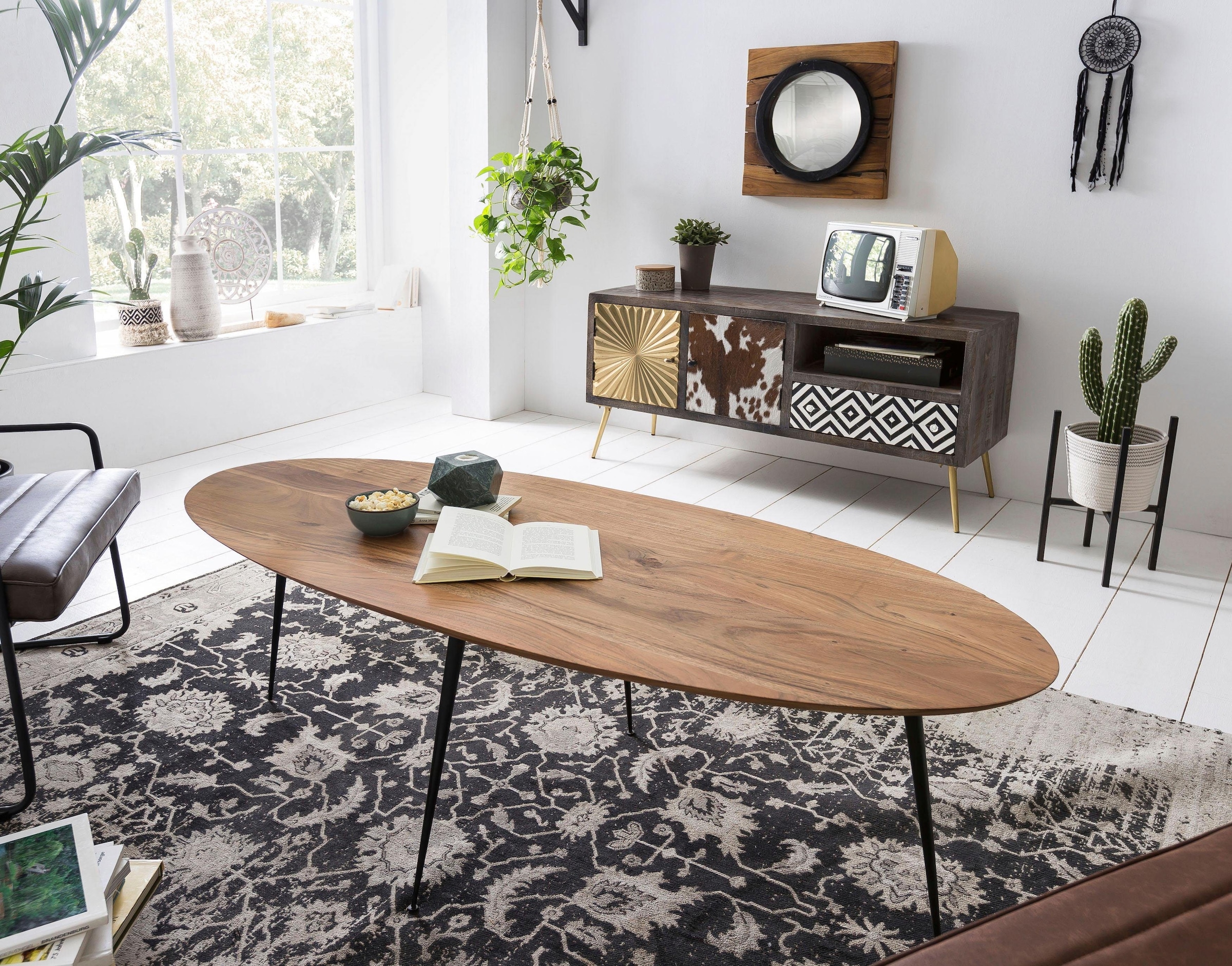 SIT Table basse »Lindau aus Akazie Massivholz Oval 150x60 cm Metall« Plateau ovale en bois massif au design scandinave