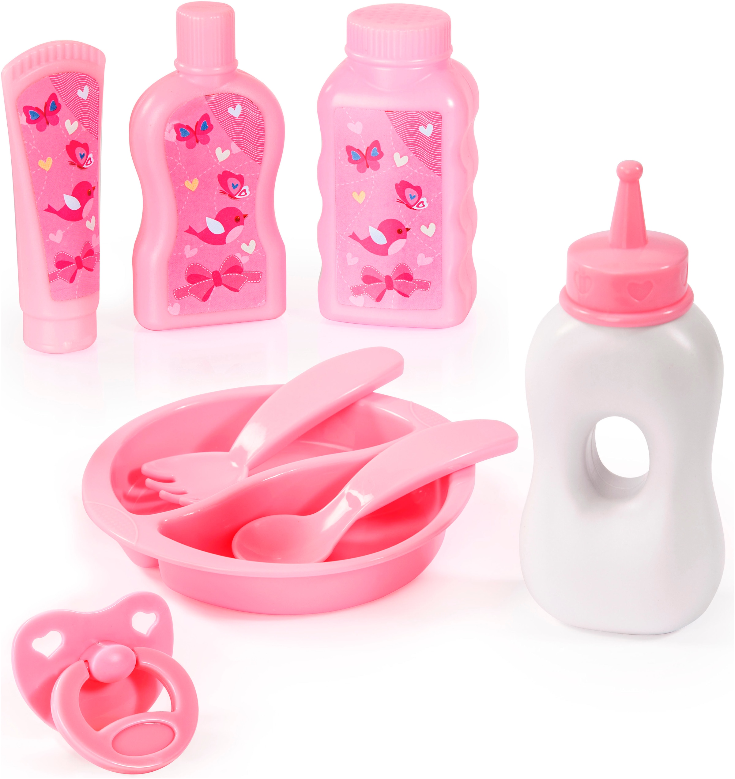 Bayer Poussette de poupée combinée »Grande« mit Reisebett, Schnuller, Geschirr und Pflegeprodukten