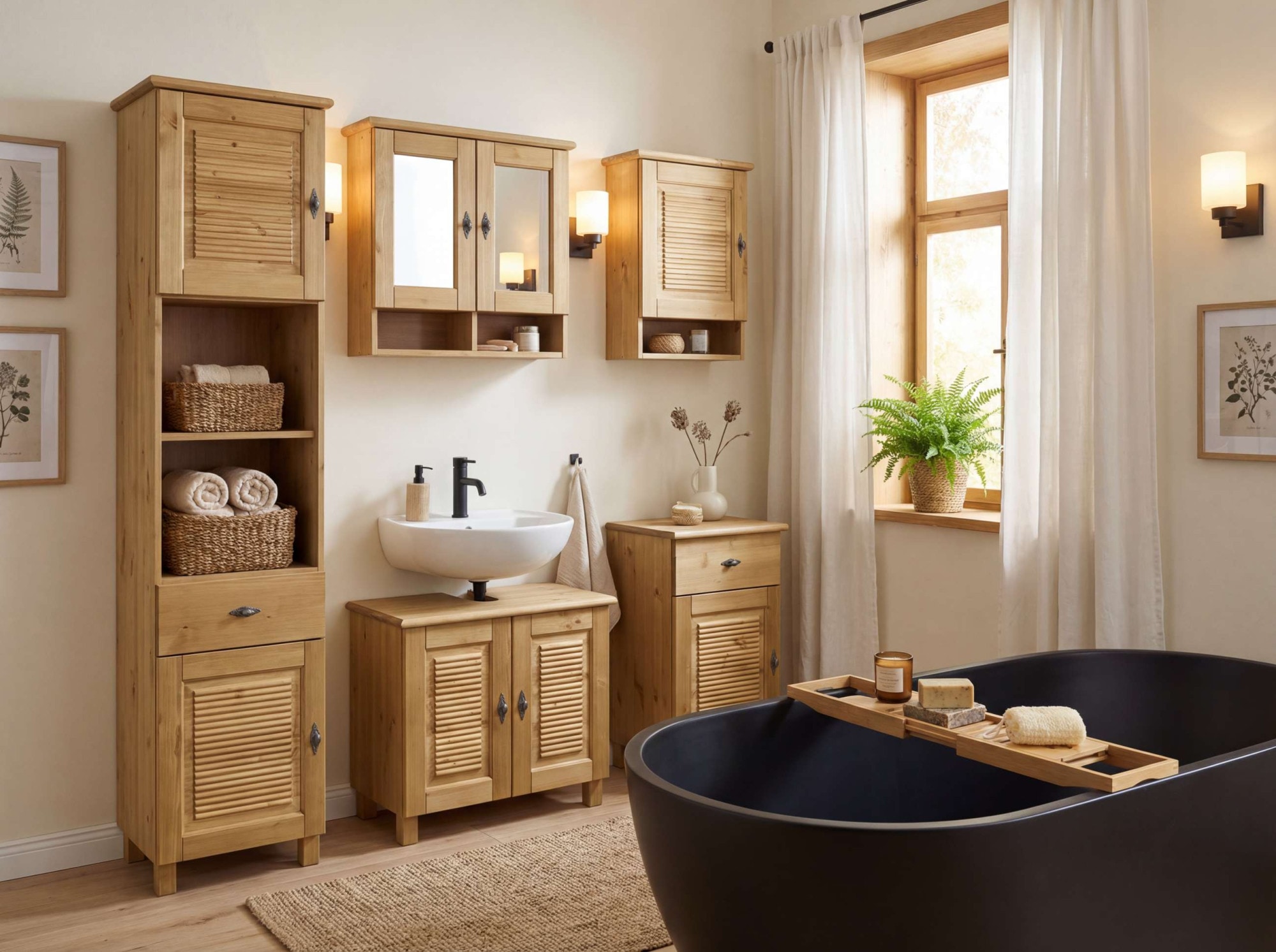 GOODproduct Armoire sous lavabo »Rauna« aus massiver Kiefer, Breite 64 cm, Rillenoptik, made in EU