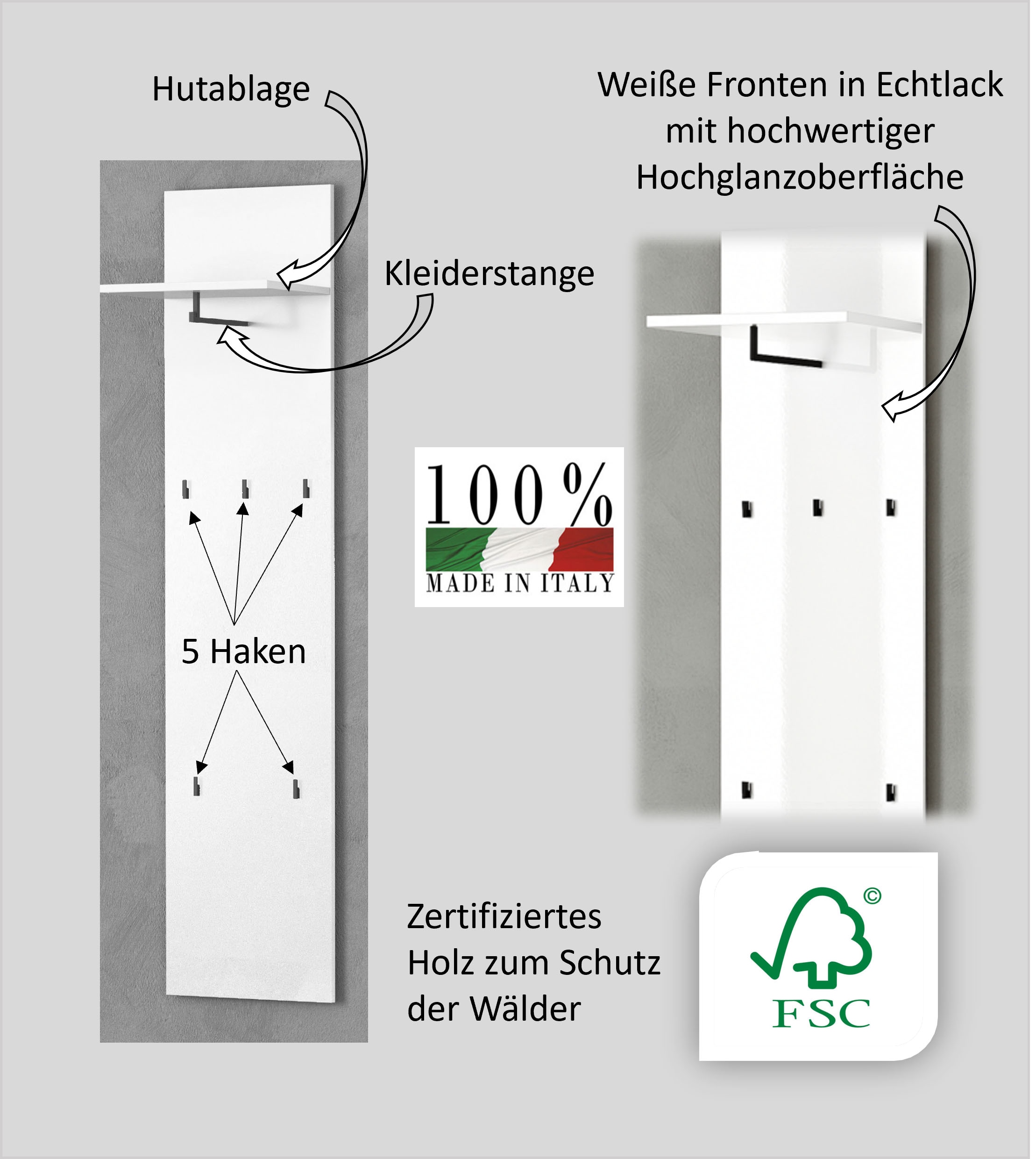 Home affaire Panneau de vestiaire »Wandpaneel ZIPPO mit 5 Haken und Hutablage, zur Wandmontage« 1 cuis tlg. Wandpaneel,  Hochglanz lackiert, Made in Italy, B/H: 40/170 cm