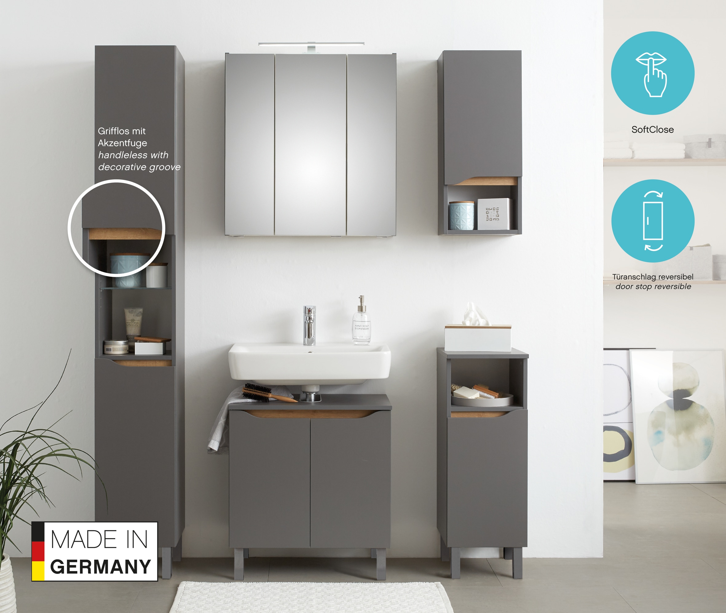 Saphir Armoire suspendue »Quickset Wand-Badschrank 30 cm breit mit 1 Tür, 1 offenes Fach« Armoire suspendue de salle de bain avec amortisseur de porte, sans poignée