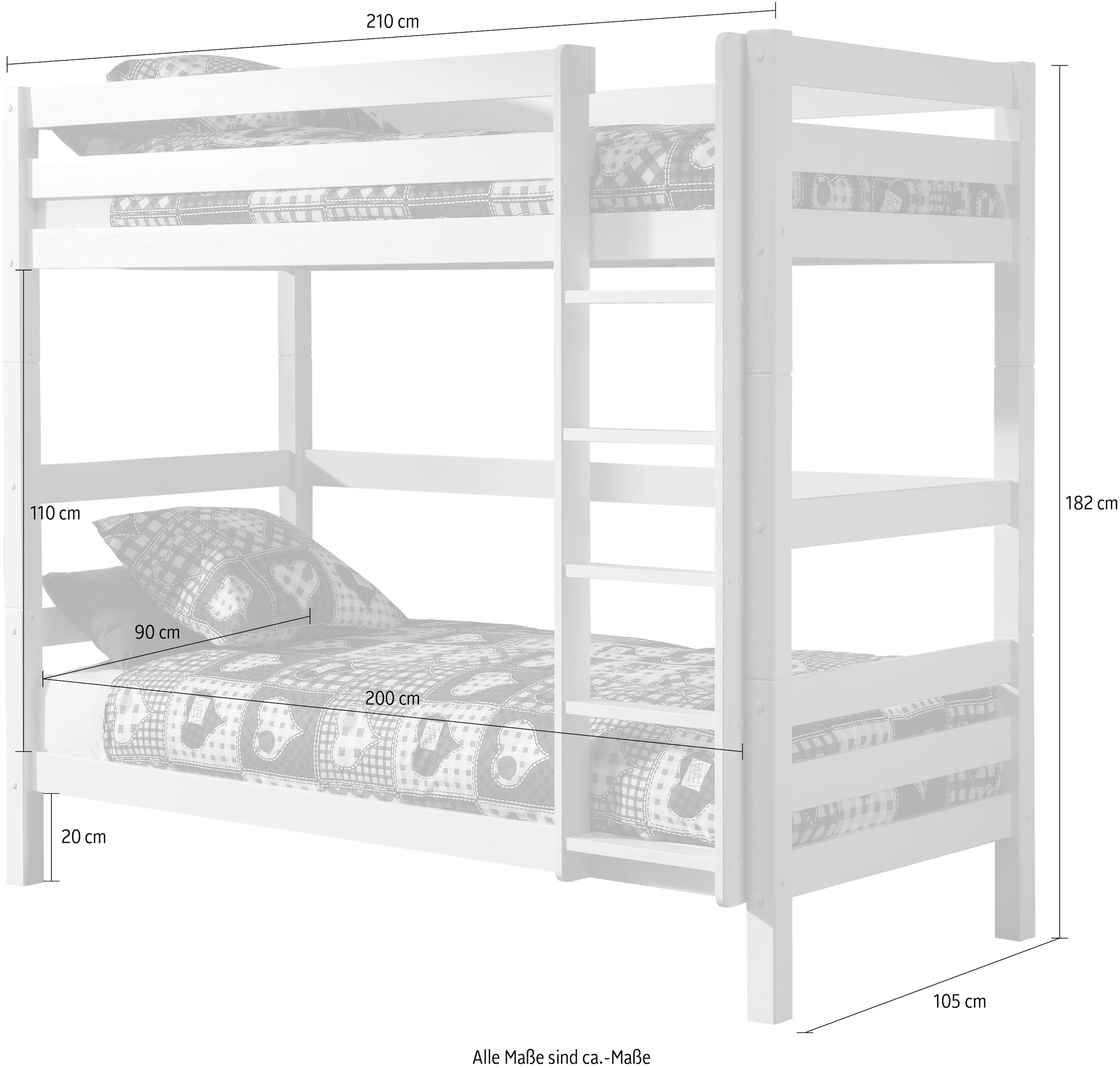 Vipack Lit superposé »Pino, inkl. Rolllattenrost, Leiter und Absturzschutz« L/H/P env. 210x182x105 cm, pin massif, différentes couleurs,  au choix sans tiroir, avec 1 grand et 2 petits tiroirs de lit