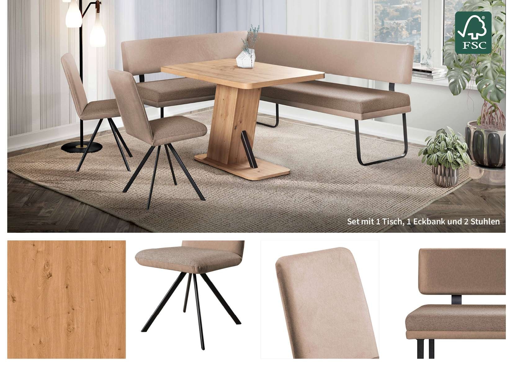 GOODproduct Eckbankgruppe »Gabi Essecke, Sitzgruppe, Eckbankgruppe, Küchenbankgruppe« Set, 4tlg, 4 tlg. tlg. Gestell aus matt-schwarzem Flachmetall, stabil, 2-Stoff-Design