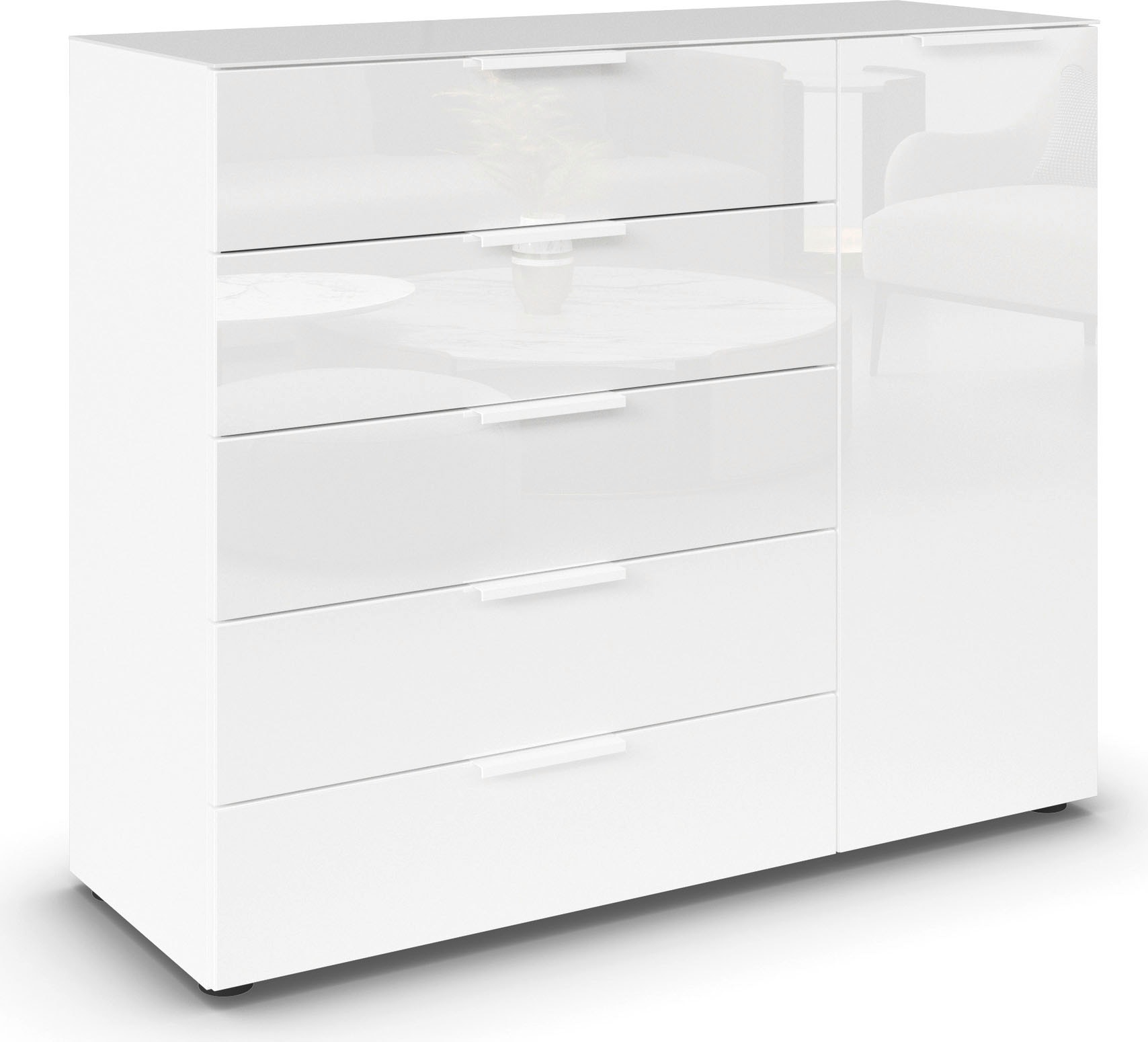 rauch Schubkastenkommode »Kommode Türkommode Sideboard Kombikommode FLIPP mit Glasfront« Breite 120 cm mit 2 Einlegeböden,  1-türig, 5 Schubladen, Soft-Close-Funktion, Oberboden und Front Glas