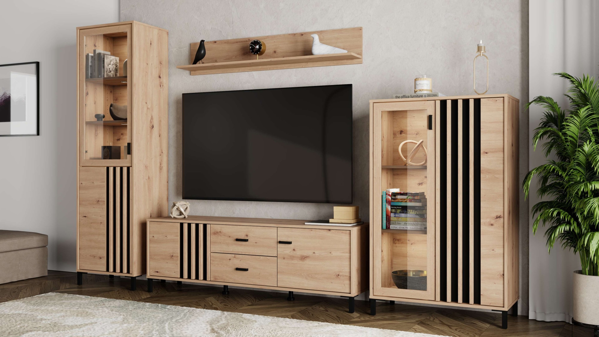 Home affaire Buffet haut »LAVAL, Hochkommode, Vitrine, Glasvitrine, Kombi-Highboard« Highboard moderne en décor Artisan avec façade en verre & effet lamelles