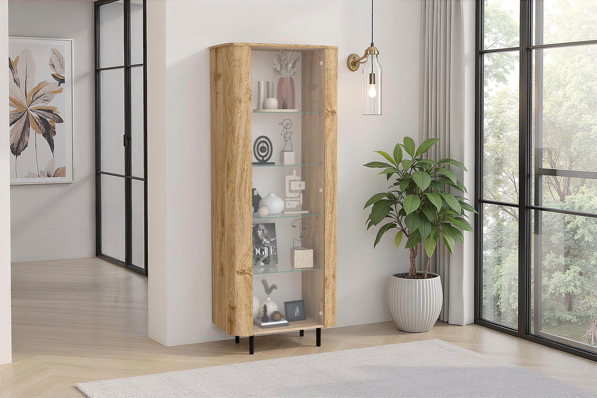 Home affaire Vitrines »Murano, Standvitrine H 200 cm, B 80 cm, 1 Tür, Vitrinenschrank« Formgebogenes MDF, Stirnseiten mit Rundung, Metallfüsse, stilvoll