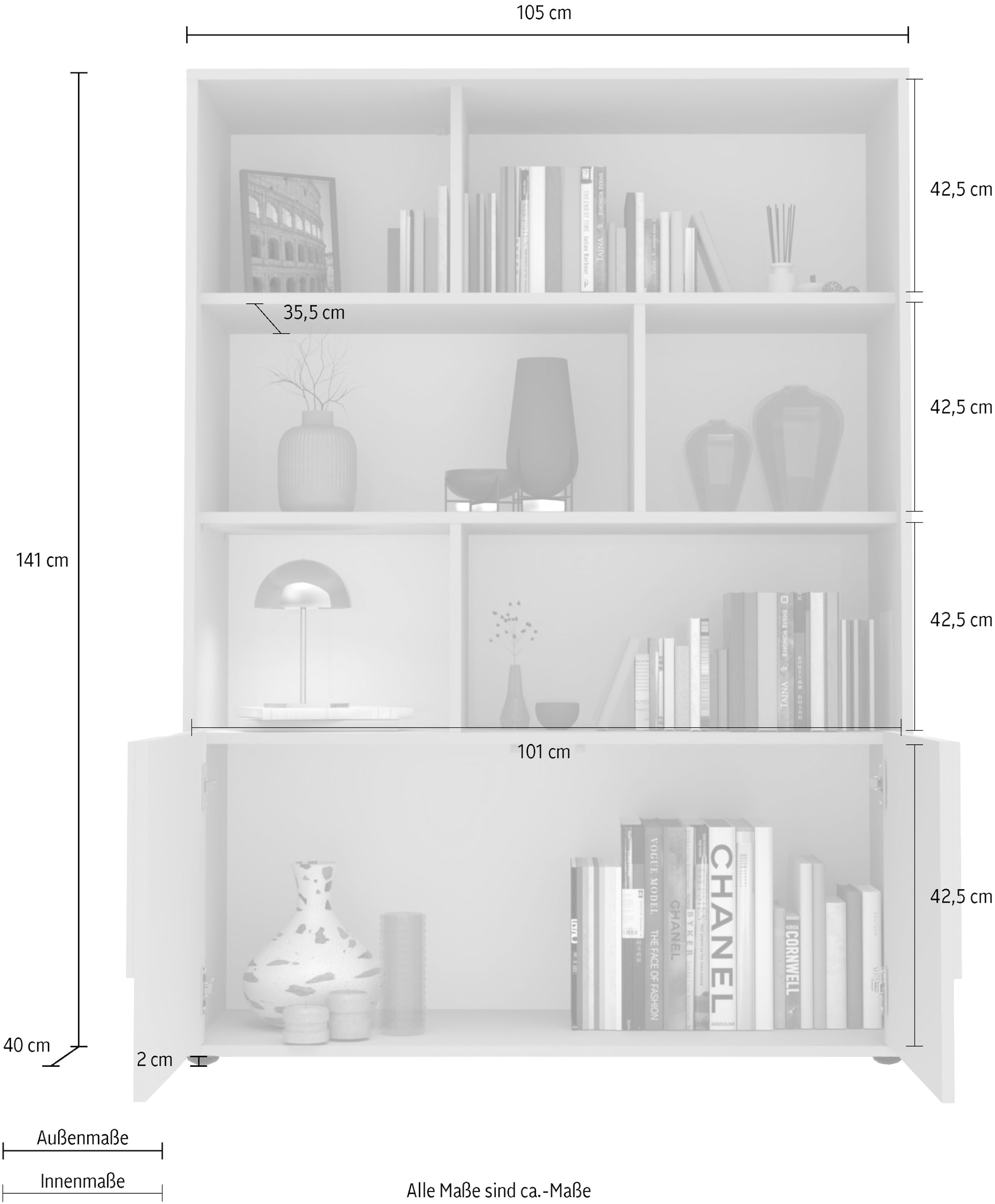 INOSIGN Highboard »Stone, H 155/141, B 105 cm, 2 Türen, 6 offene Fächer, Regal-Schrank« 3D-Design, Push-to-open, Stauraum dekorativ & praktisch, Füsse wählbar