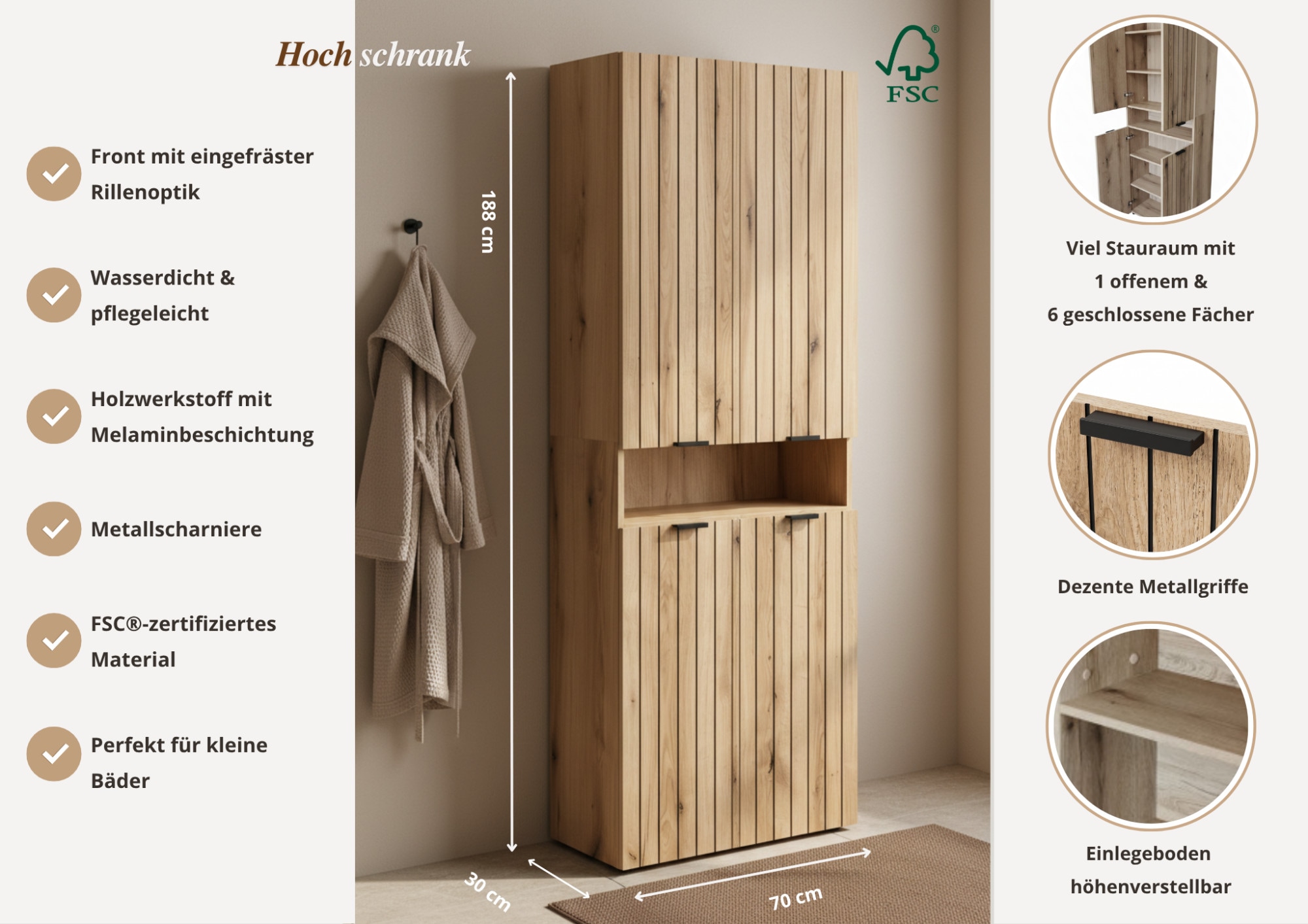 GOODproduct Hochschrank »Baltrum« Breite 69,8 cm dekorative Lamellenoptik